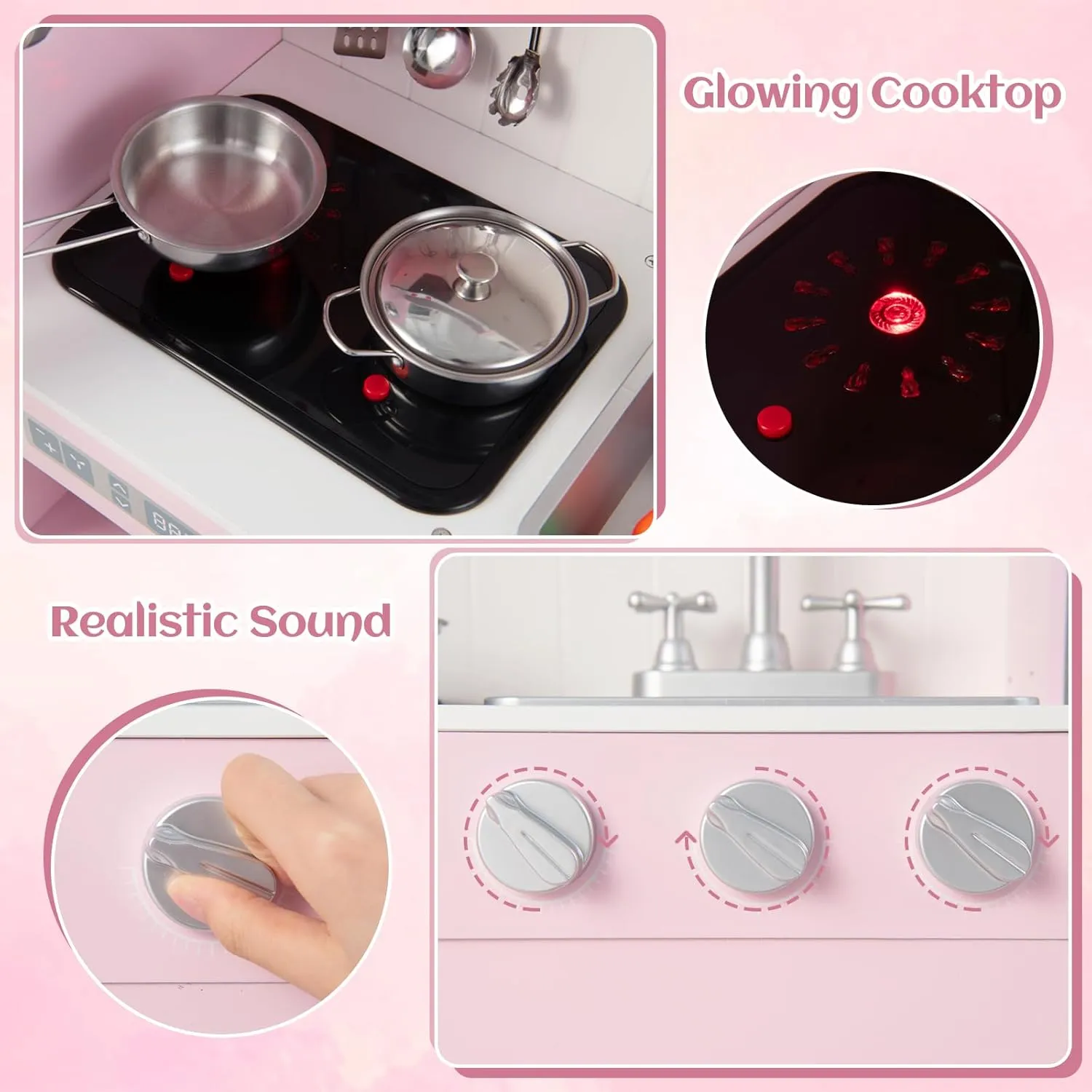 INFANS Kid Kitchen Playset, Toddler Wooden Pretend Cooking Set with Realistic Light & Sound, Stove, Sink, Microwave, Storage Cabinet, Play Kitchen Toy Set for Children Boys Girls