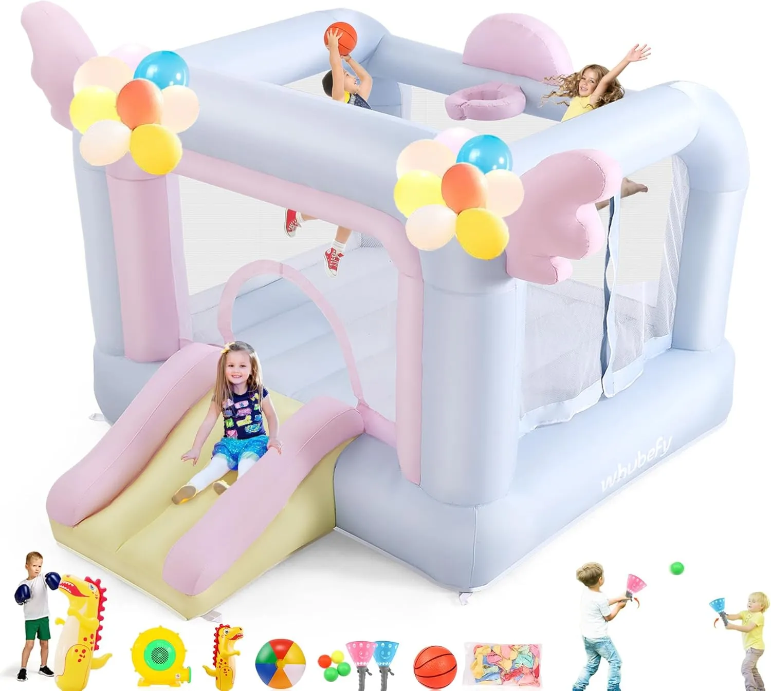 Inflatable Bounce House for Toddler Kids 2-8 with Slide, Balloons, Catch Ball Set, Punching Bag, Beach Ball, Basketball, 106 x 85 x 80 Princess Jumping House for Indoor Outdoor Birthday Party Gifts