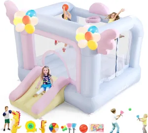 Inflatable Bounce House for Toddler Kids 2-8 with Slide, Balloons, Catch Ball Set, Punching Bag, Beach Ball, Basketball, 106 x 85 x 80 Princess Jumping House for Indoor Outdoor Birthday Party Gifts