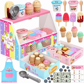 INNOCHEER Ice Cream Toy, Wooden Ice Cream Play Set, Pretend Play Kitchen Toys, Ice Cream Toys for Toddlers, Ice Cream Shop Playset Play Store, Gifts Toys for 3 4 5 6 7 8  Year Old Girls Boys