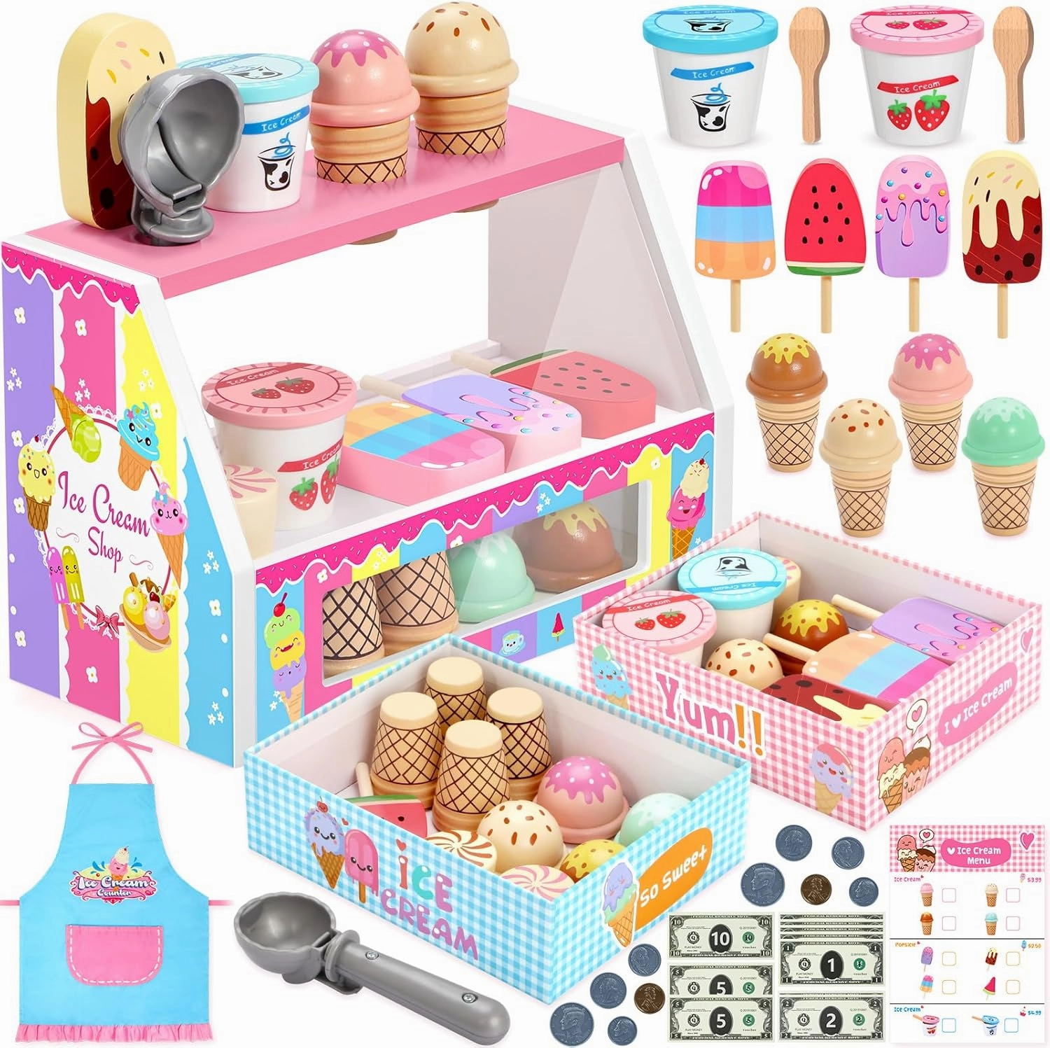 INNOCHEER Ice Cream Toy, Wooden Ice Cream Play Set, Pretend Play Kitchen Toys, Ice Cream Toys for Toddlers, Ice Cream Shop Playset Play Store, Gifts Toys for 3 4 5 6 7 8  Year Old Girls Boys