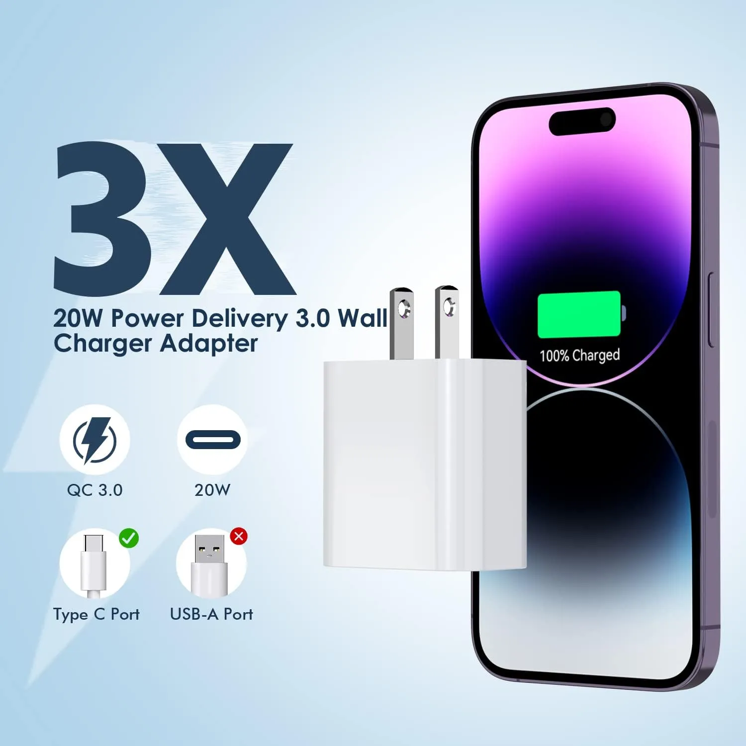 iPhone 16/15 Fast Charger Block,【3Pack】20W USB C Wall Charger Block Super Fast Charging Blocks Plug Bricks PD Type C Adapter for Apple iPhone 16 Pro Max/15 Plus/14/13/12/11/X/AirPods/iPad Pro/Air/Mini