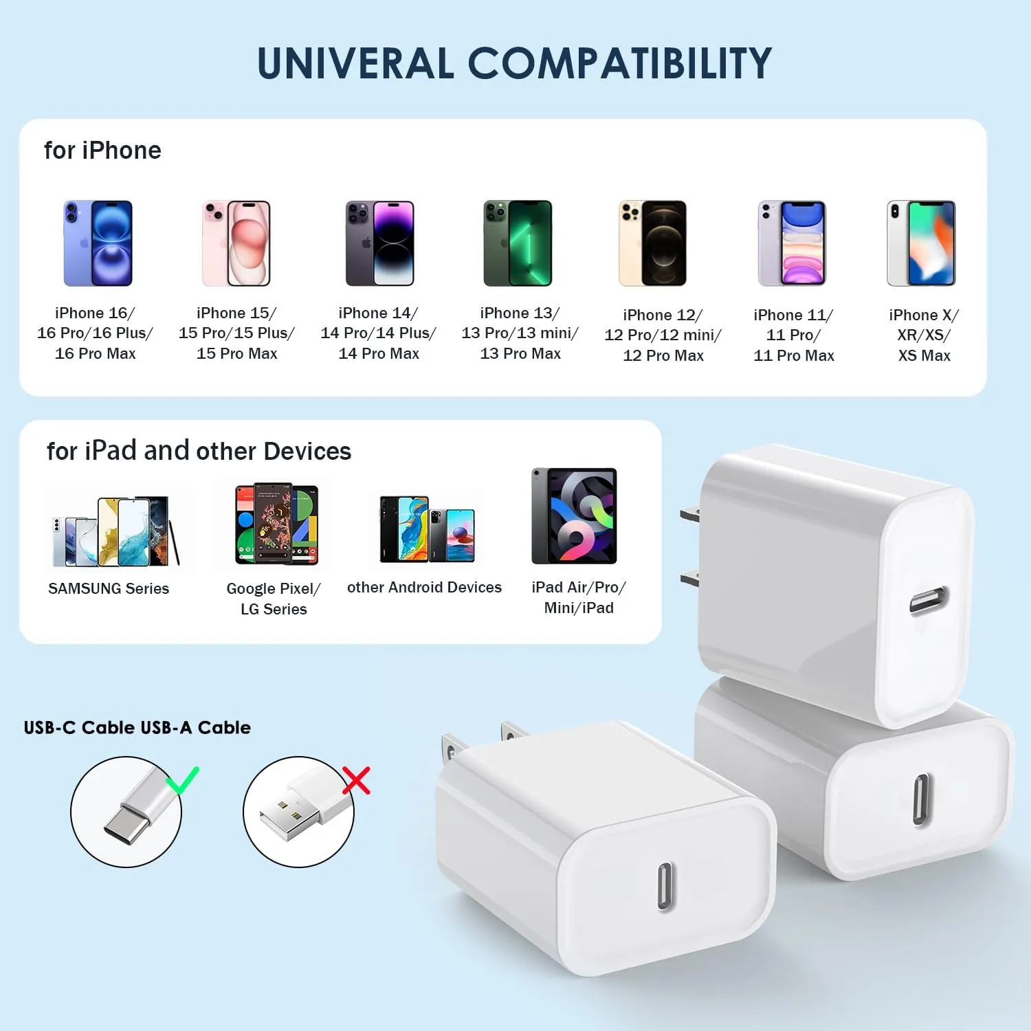 iPhone 16/15 Fast Charger Block,【3Pack】20W USB C Wall Charger Block Super Fast Charging Blocks Plug Bricks PD Type C Adapter for Apple iPhone 16 Pro Max/15 Plus/14/13/12/11/X/AirPods/iPad Pro/Air/Mini