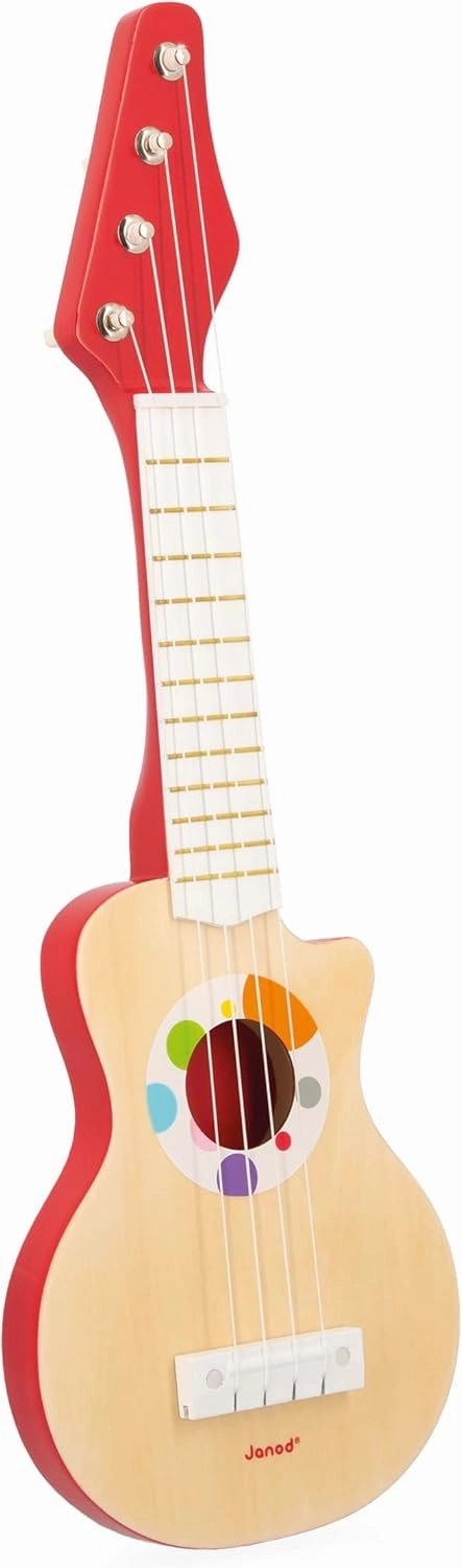 Janod - Confetti Wooden Rock Guitar - Pretend Play Musical Toy - Includes 4 Plastic Strings   4 Spare Ones - 3 Years  , J07644