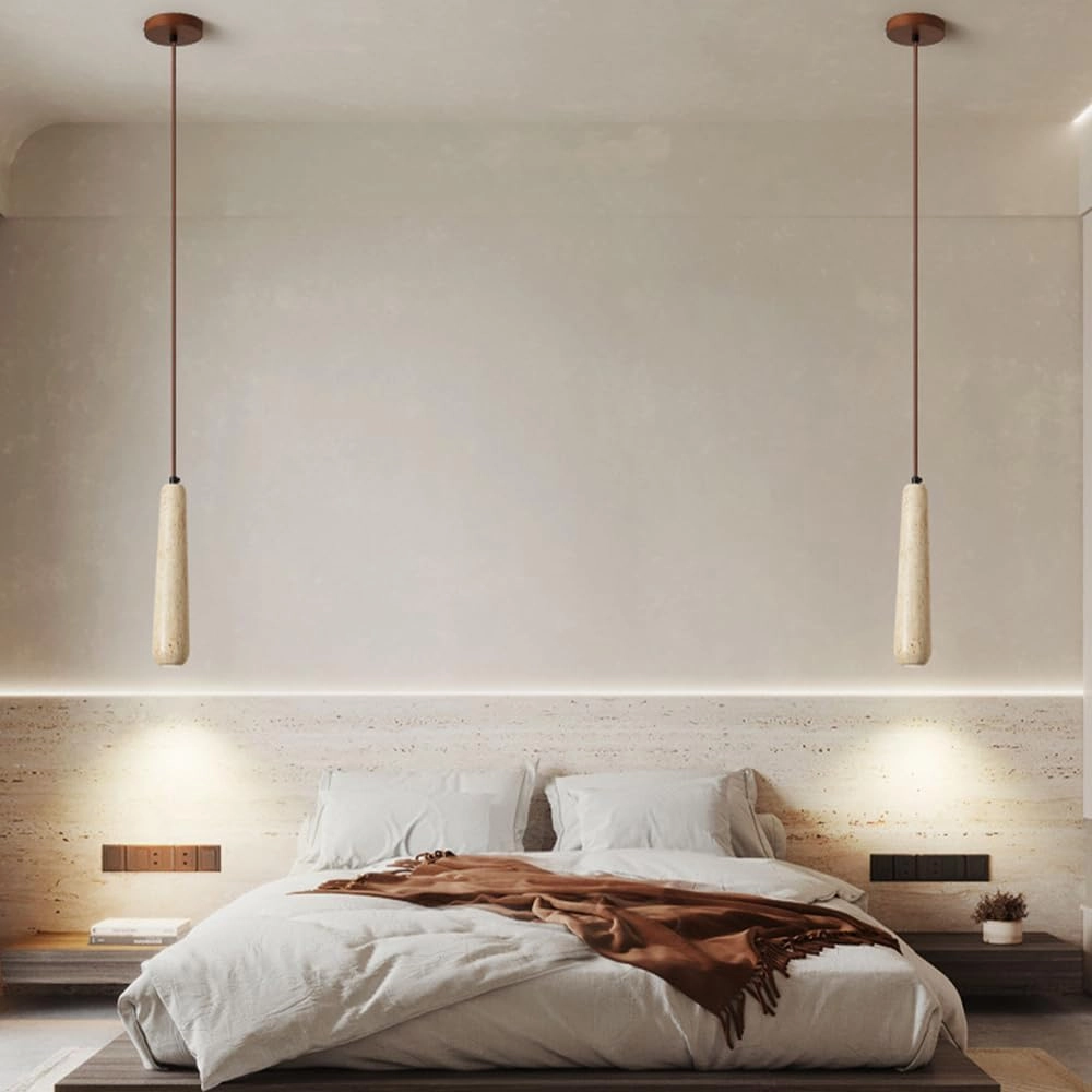 Japanese Style Pendant Light Wood Pendant Light with Natural Stone Shade Walnut Wood Dome Kitchen Island Dining Room Hanging Lamp Kit Yellow Travertine Pendant Lighting G9 Base (D)
