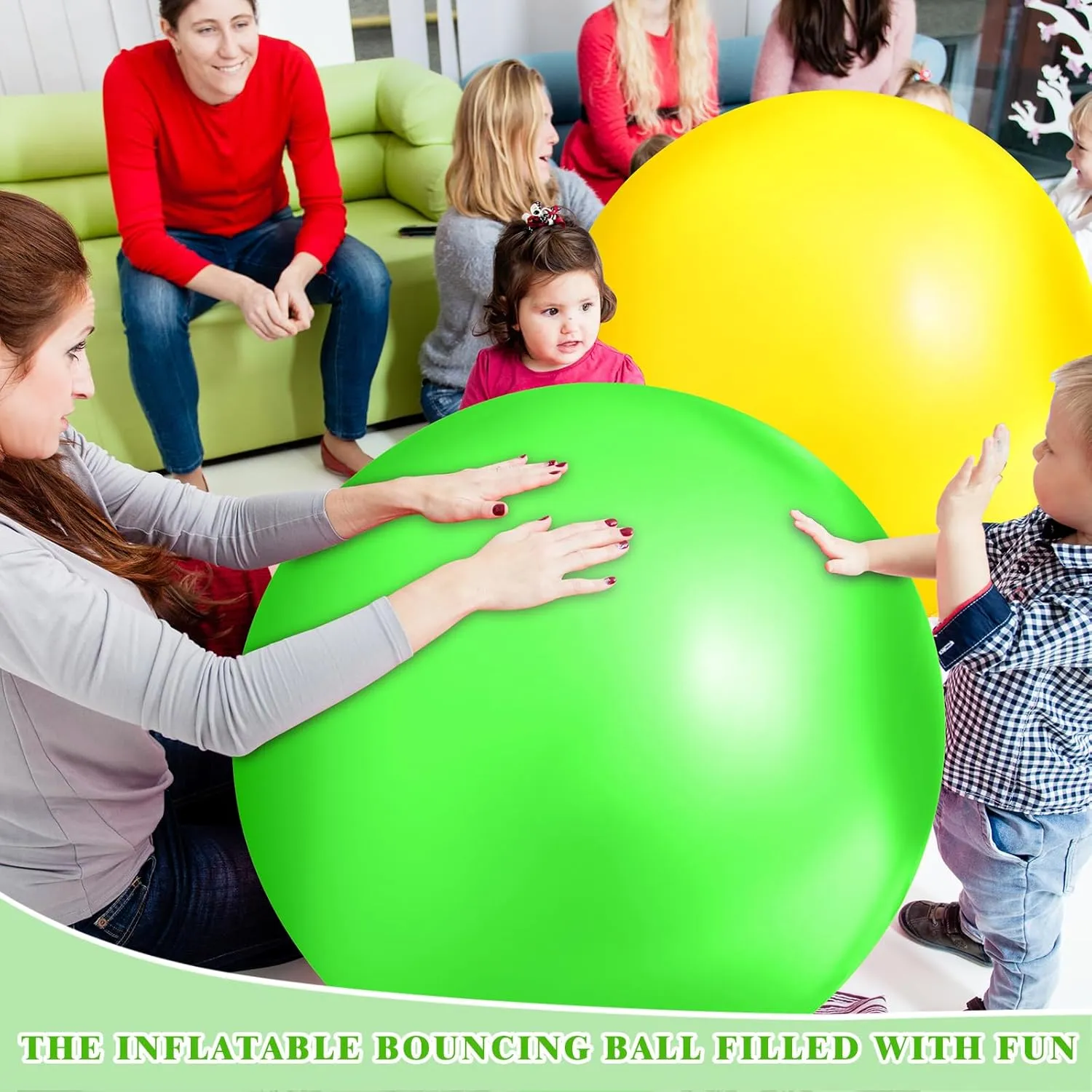 Jenaai 2 Pcs 30 Inch Large Bouncy Balls Giant Inflatable Rubber Kickballs Outdoor Exercise Jumping Hopping Big Ball for Outdoor Activity Game Sports Party Decor(Yellow, Green)