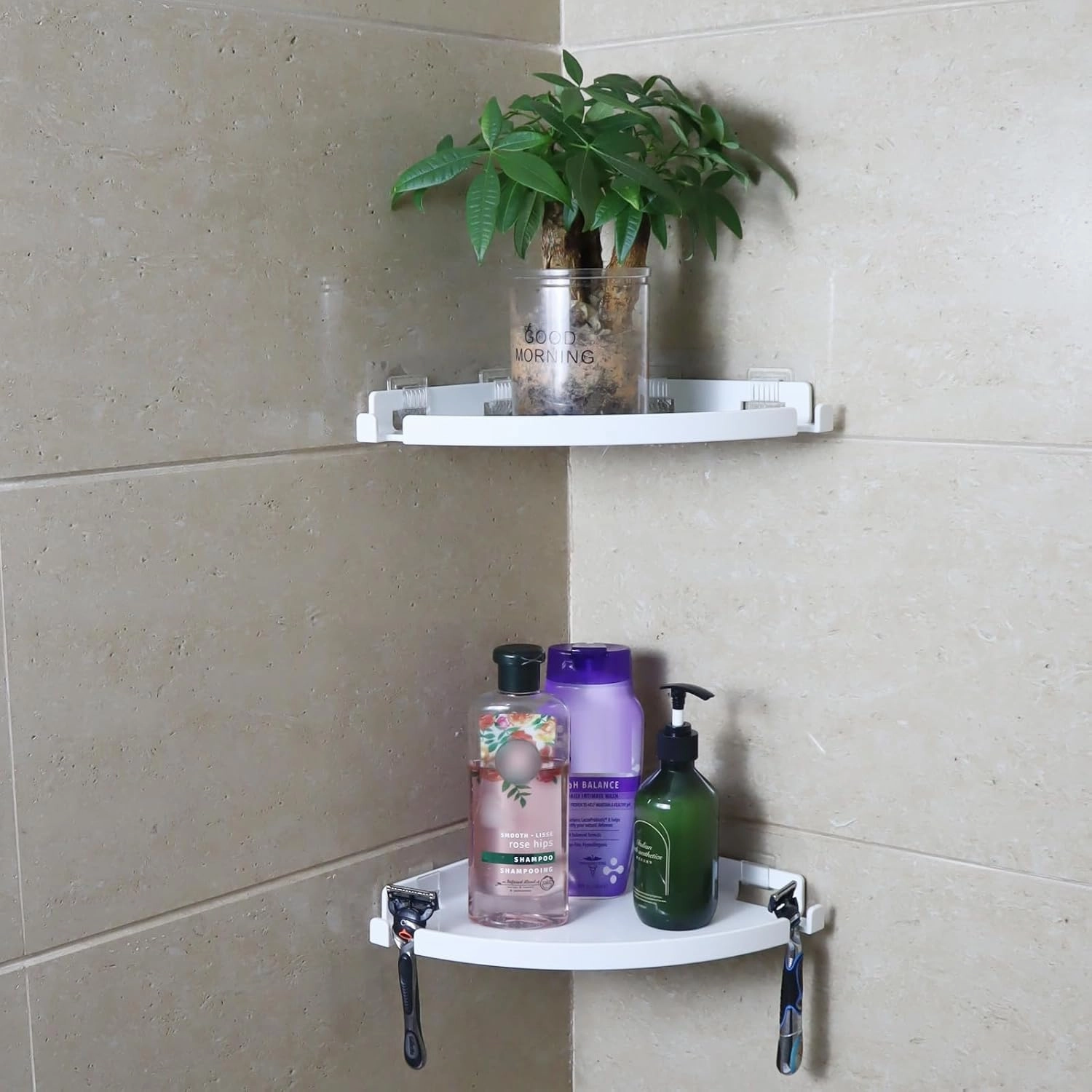 JiePai Acrylic Corner Shower Caddy Shelf with Hooks 2 Pack, Adhesive Wall Mounted Bathroom Shower Shelf Organizer for Inside Shower & Kitchen Storage