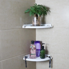 JiePai Acrylic Corner Shower Caddy Shelf with Hooks 2 Pack, Adhesive Wall Mounted Bathroom Shower Shelf Organizer for Inside Shower & Kitchen Storage