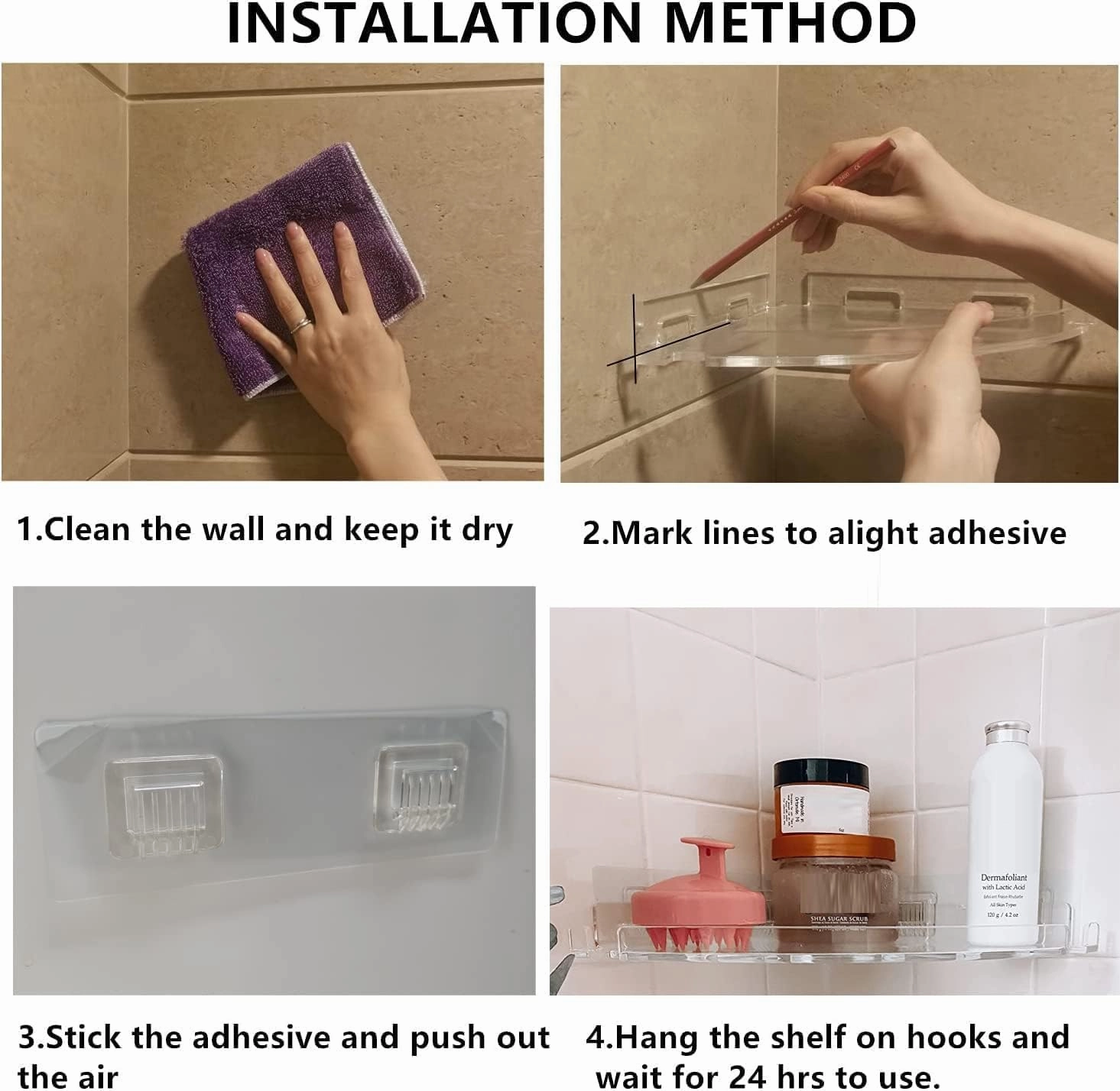 JiePai Acrylic Corner Shower Caddy Shelf with Hooks 2 Pack, Adhesive Wall Mounted Bathroom Shower Shelf Organizer for Inside Shower & Kitchen Storage
