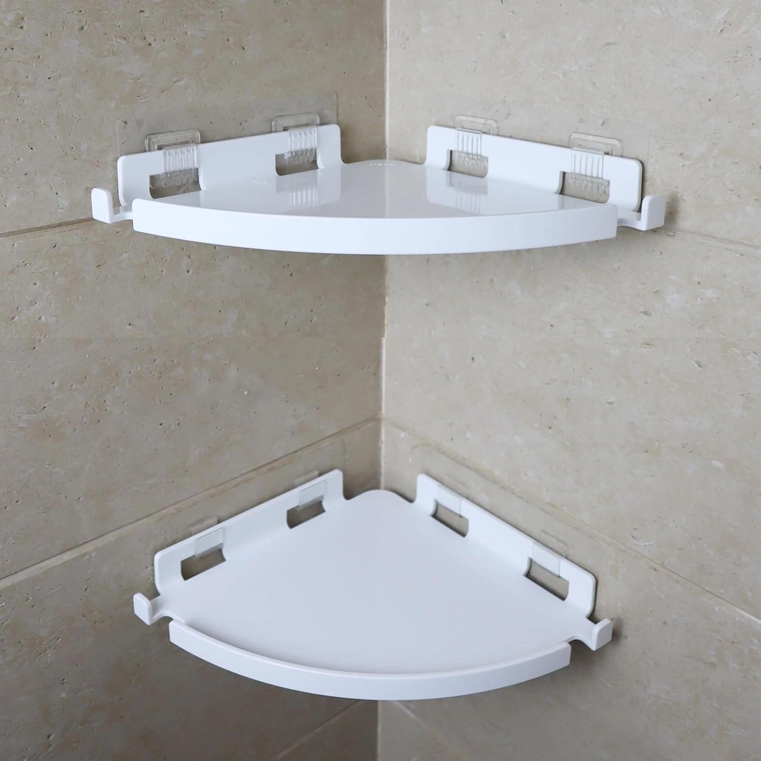 JiePai Acrylic Corner Shower Caddy Shelf with Hooks 2 Pack, Adhesive Wall Mounted Bathroom Shower Shelf Organizer for Inside Shower & Kitchen Storage