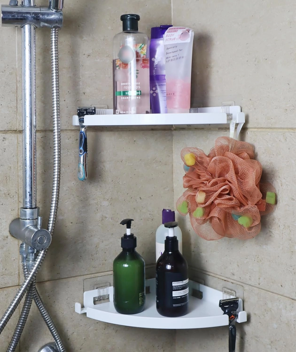 JiePai Acrylic Corner Shower Caddy Shelf with Hooks 2 Pack, Adhesive Wall Mounted Bathroom Shower Shelf Organizer for Inside Shower & Kitchen Storage