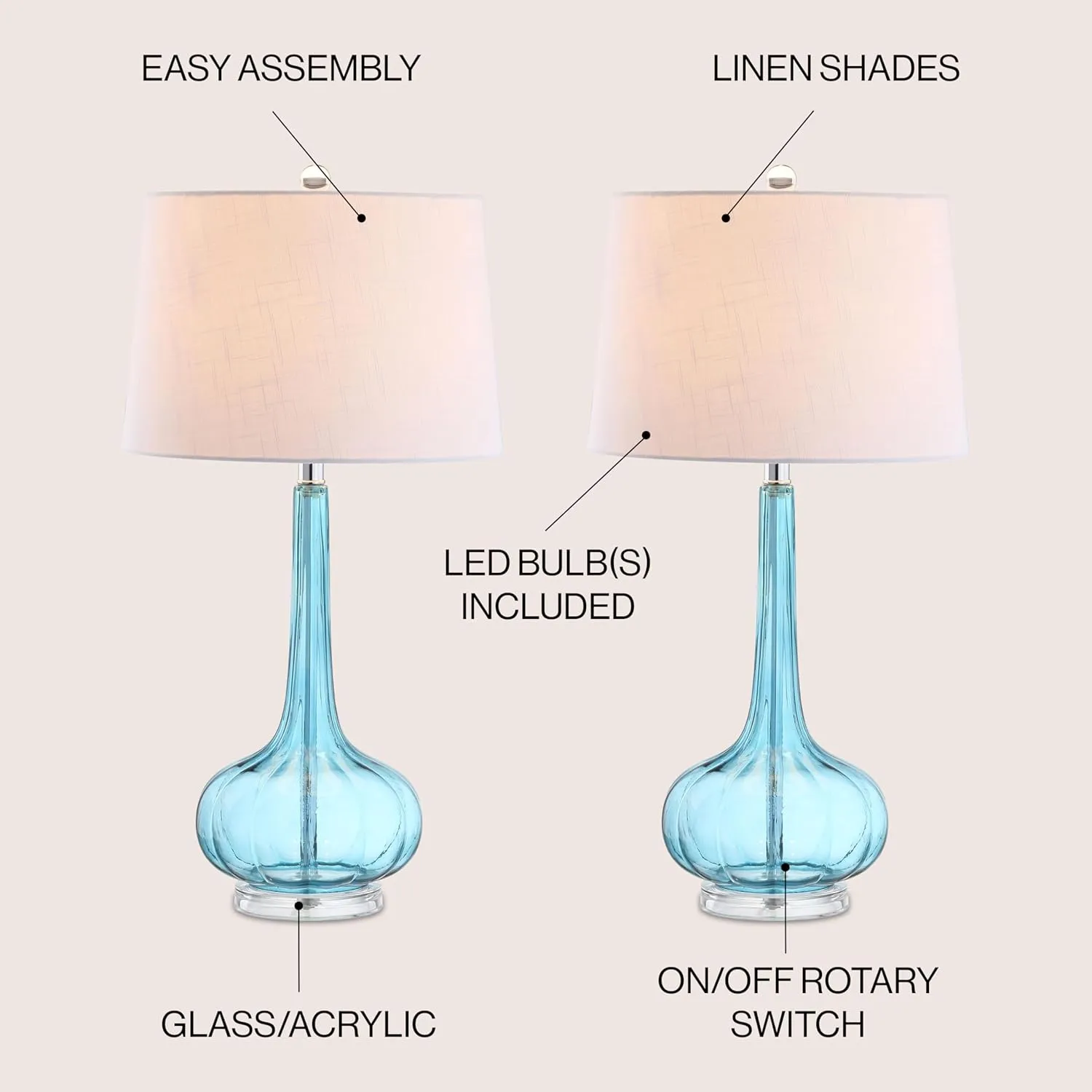 JONATHAN Y JYL1079B-SET2 Set of 2 Table Lamps Bette 28.5" Glass Teardrop LED Table Lamp Contemporary Bedside Desk Nightstand Lamp for Bedroom Living Room Office College Bookcase, Aqua
