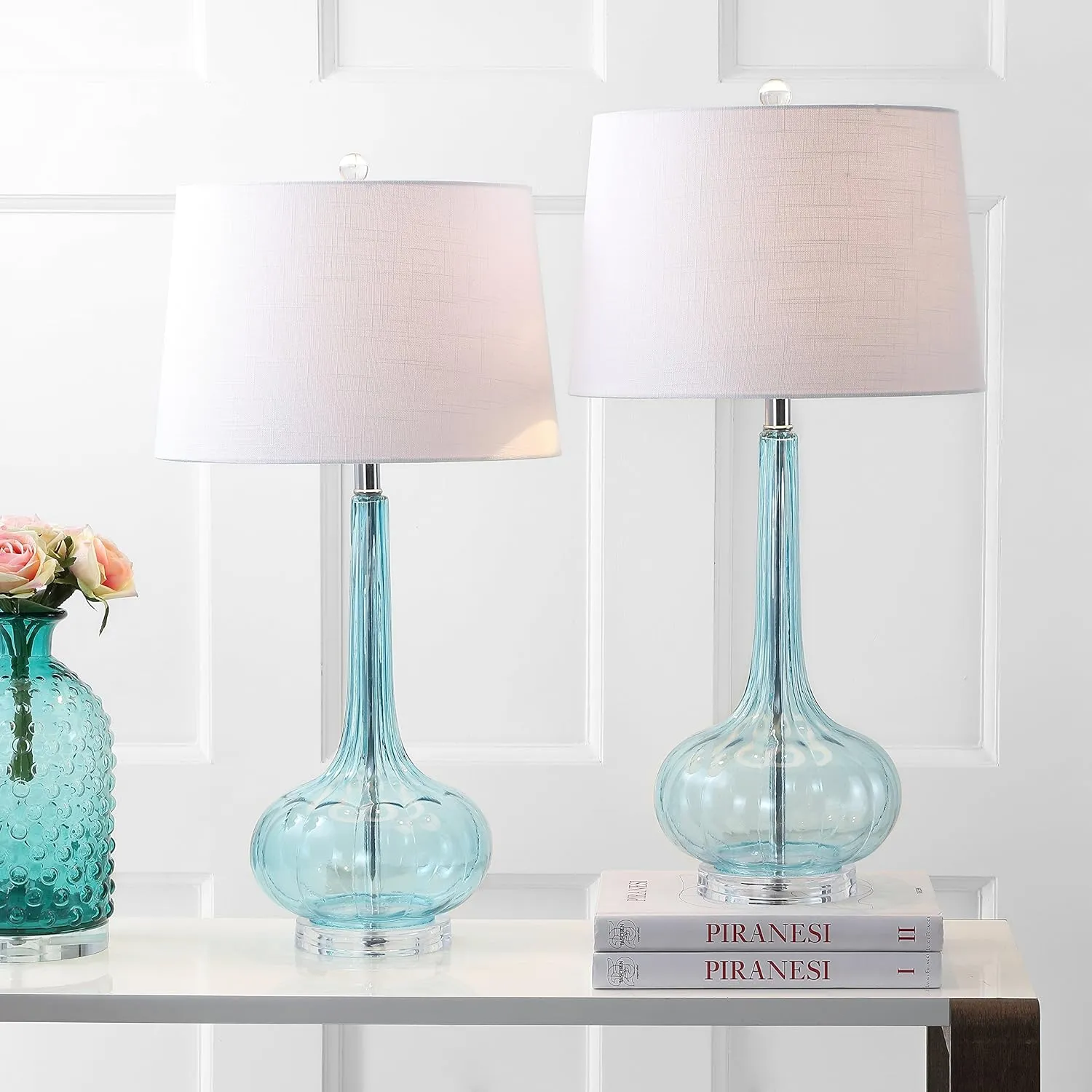 JONATHAN Y JYL1079B-SET2 Set of 2 Table Lamps Bette 28.5" Glass Teardrop LED Table Lamp Contemporary Bedside Desk Nightstand Lamp for Bedroom Living Room Office College Bookcase, Aqua