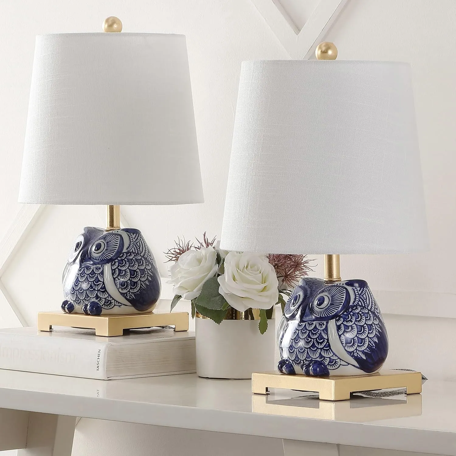 JONATHAN Y JYL3014A-SET2 Justina 16" Ceramic Mini Table Lamp(Set of 2) Cottage,Transitional for Bedroom, Living Room, Office, College Dorm, Coffee Table, Bookcase, Blue/White