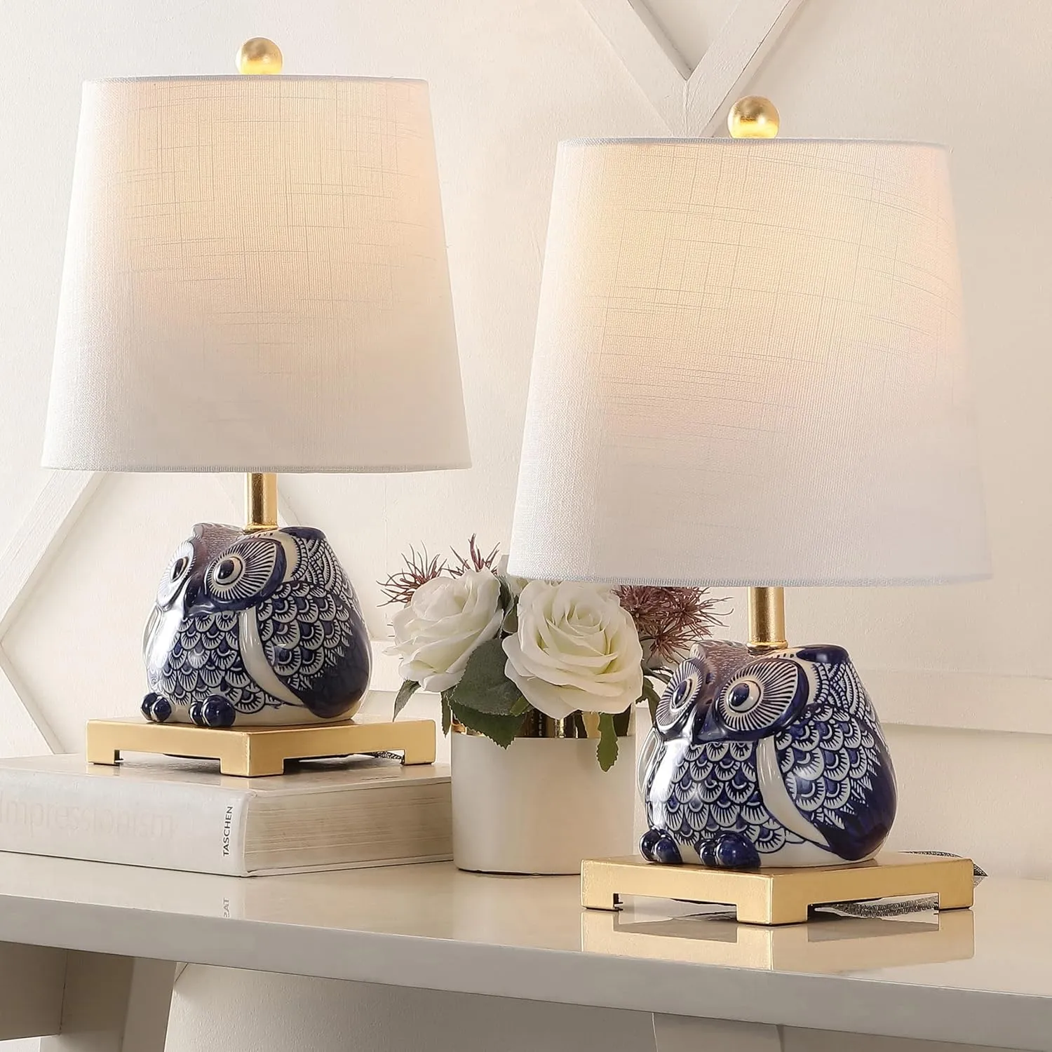 JONATHAN Y JYL3014A-SET2 Justina 16" Ceramic Mini Table Lamp(Set of 2) Cottage,Transitional for Bedroom, Living Room, Office, College Dorm, Coffee Table, Bookcase, Blue/White