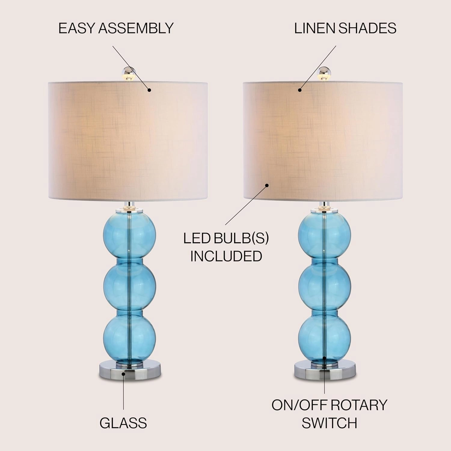 JONATHAN Y JYL1070C-SET2 Set of 2 Table Lamps Bella 27" Glass Triple-Sphere LED Table Lamp Contemporary Bedside Desk Nightstand Lamp for Bedroom Living Room Office College Bookcase, Sky Blue/Chrome