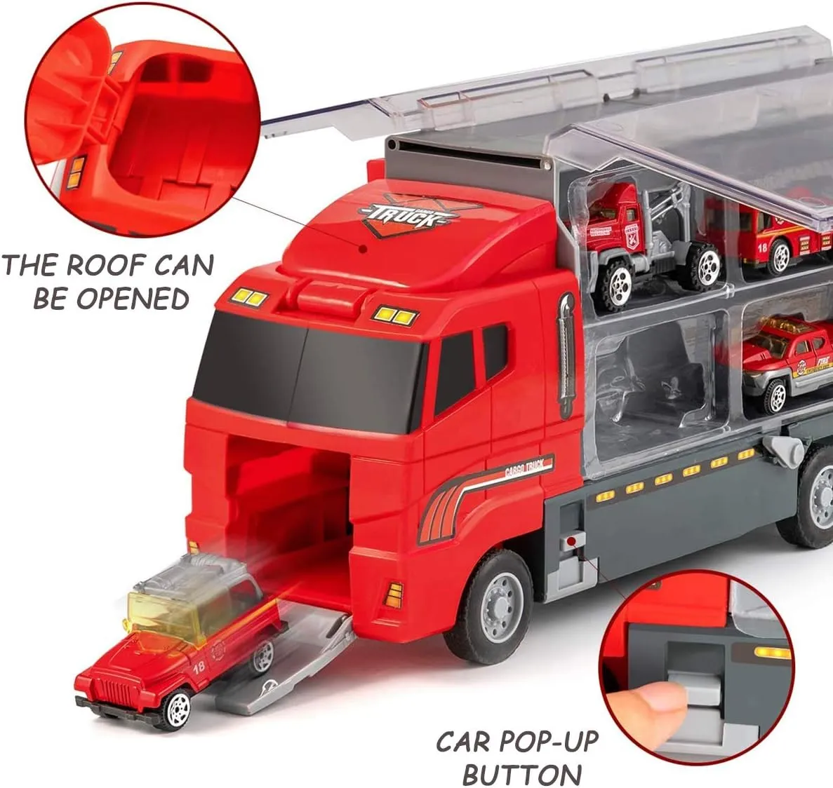Joyfia 10 in 1 Fire Truck Toys, Mini Die-cast Fire Engine Car Toy Set in Carrier Truck, Rescue Emergency Double Side Transport Vehicle for 3 Years Old Boys and Girls