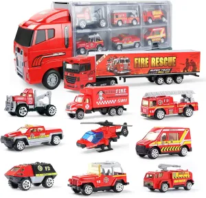 Joyfia 10 in 1 Fire Truck Toys, Mini Die-cast Fire Engine Car Toy Set in Carrier Truck, Rescue Emergency Double Side Transport Vehicle for 3 Years Old Boys and Girls