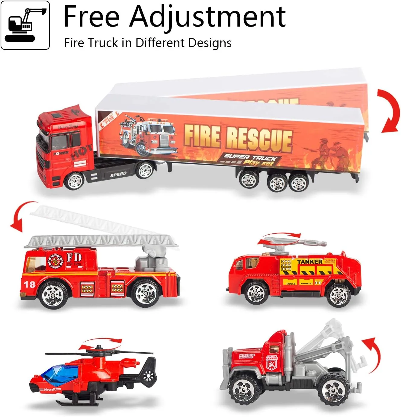 Joyfia 10 in 1 Fire Truck Toys, Mini Die-cast Fire Engine Car Toy Set in Carrier Truck, Rescue Emergency Double Side Transport Vehicle for 3 Years Old Boys and Girls