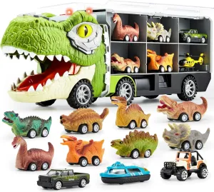 JOYIN 13 in 1 Dinosaur Toys for Kids 3-5, Dinosaur Truck with 12 Pull Back Cars, Small Cars Set, Birthday Gifts Toys for 3 4 5  Year Old Boy, Transport Carrier Truck for Toddlers 3-4 Years