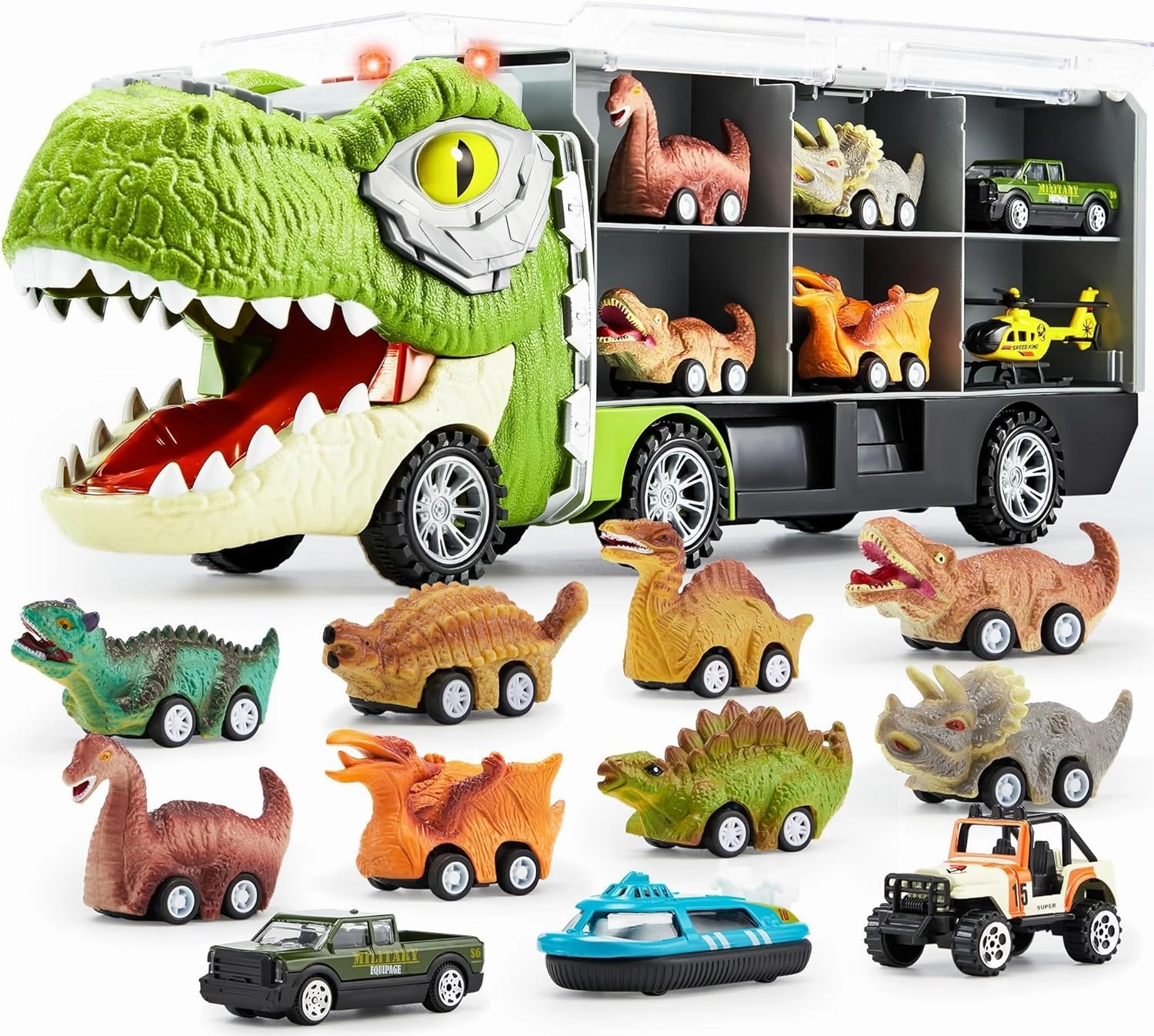 JOYIN 13 in 1 Dinosaur Toys for Kids 3-5, Dinosaur Truck with 12 Pull Back Cars, Small Cars Set, Birthday Gifts Toys for 3 4 5  Year Old Boy, Transport Carrier Truck for Toddlers 3-4 Years