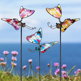 Juegoal Set of 3 Butterfly Garden Stake Decor, 20 Inch Colorful Butterflies Stakes, Glass & Metal Yard Art Ornaments for Mom, Mothers Day Ideal Gifts, Outdoor Lawn Pathway Patio Plant Pot, Flower Bed