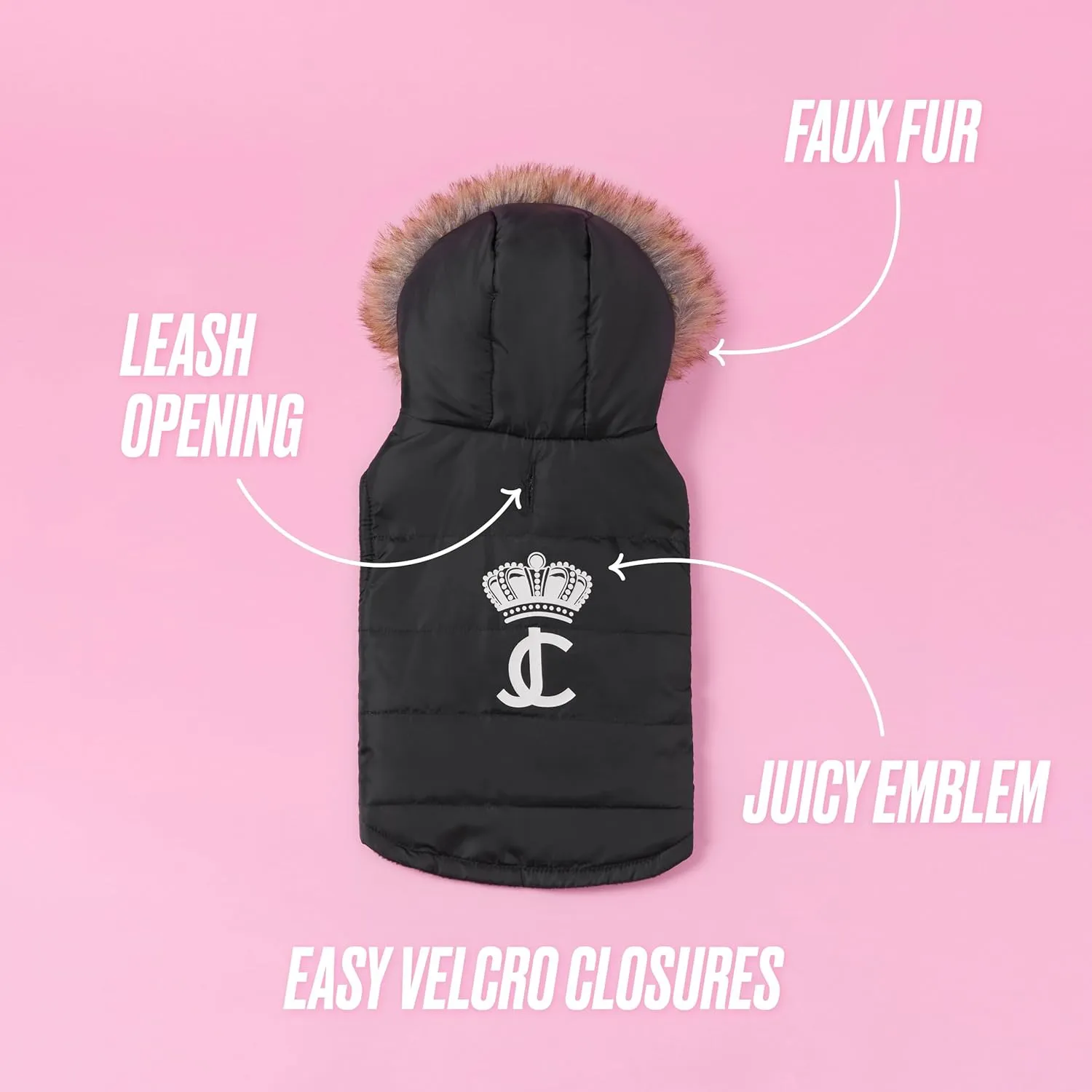 Juicy Couture Faux Fur Hooded Pet Jacket for Dogs and Cats - Black - Extra Small/Small