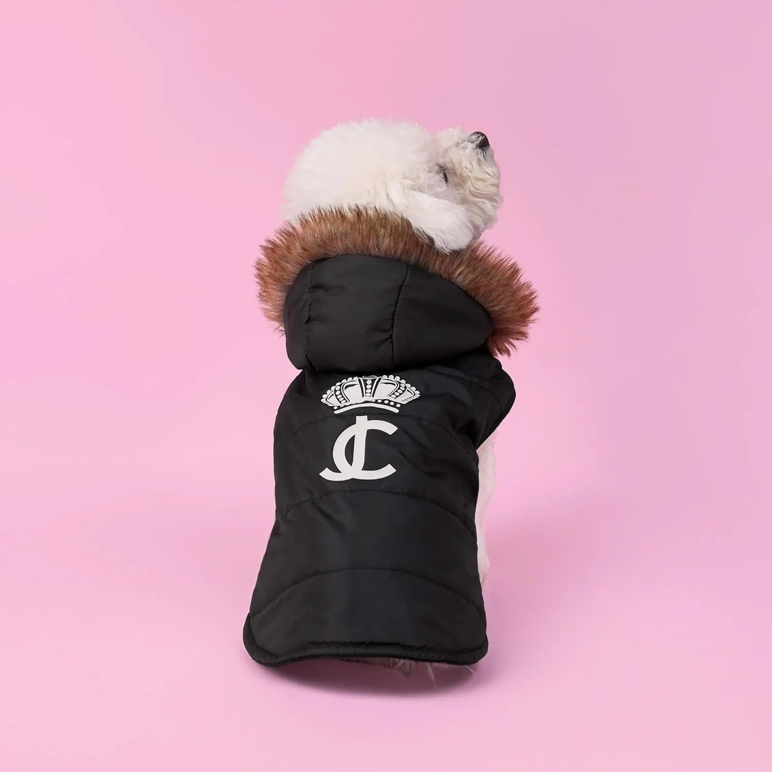 Juicy Couture Faux Fur Hooded Pet Jacket for Dogs and Cats - Black - Extra Small/Small