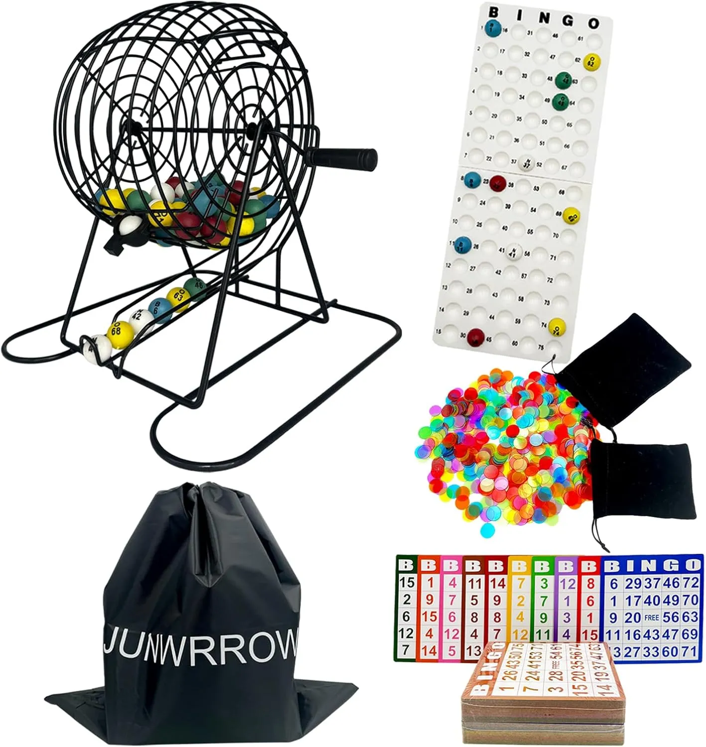 Jumbo Bingo Game Set with 11" Wheel Cage,1000 Colorful Chips with a Bag,100 Mixed Cards,75 Calling Balls & Plactic Master Board,Bingo Storage Bag -Ideal for Large Group