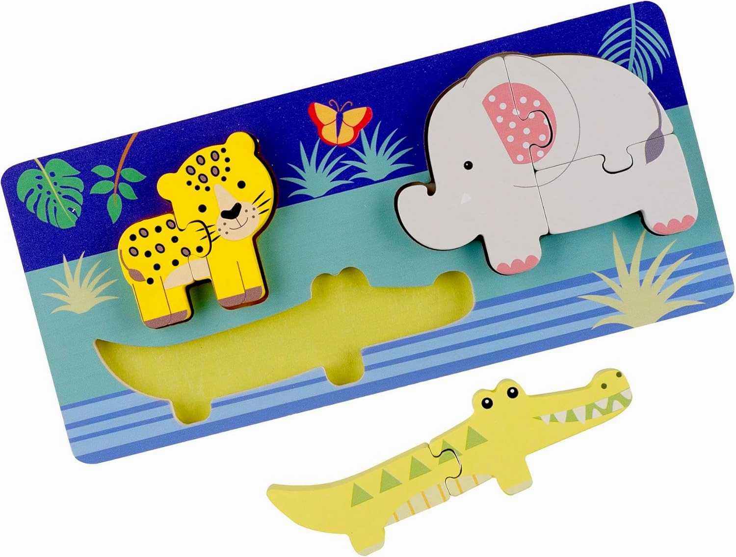 Jungle Animals - Mini Puzzles - 8 Wooden Chunky Pieces, Colorful Puzzle Tray, FSC Certified, Educational Toy, Toddlers & Kids Age 1 