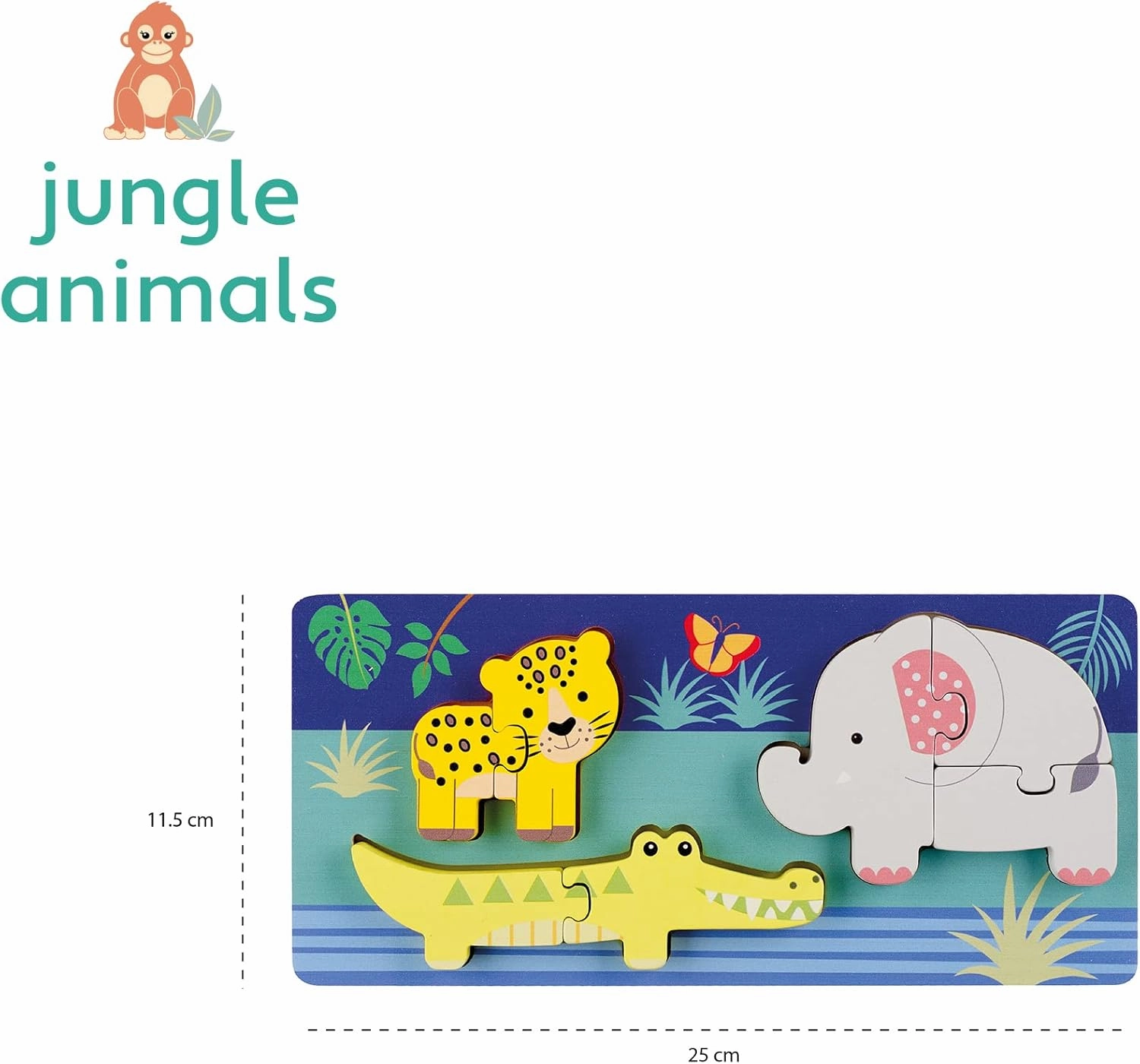 Jungle Animals - Mini Puzzles - 8 Wooden Chunky Pieces, Colorful Puzzle Tray, FSC Certified, Educational Toy, Toddlers & Kids Age 1 