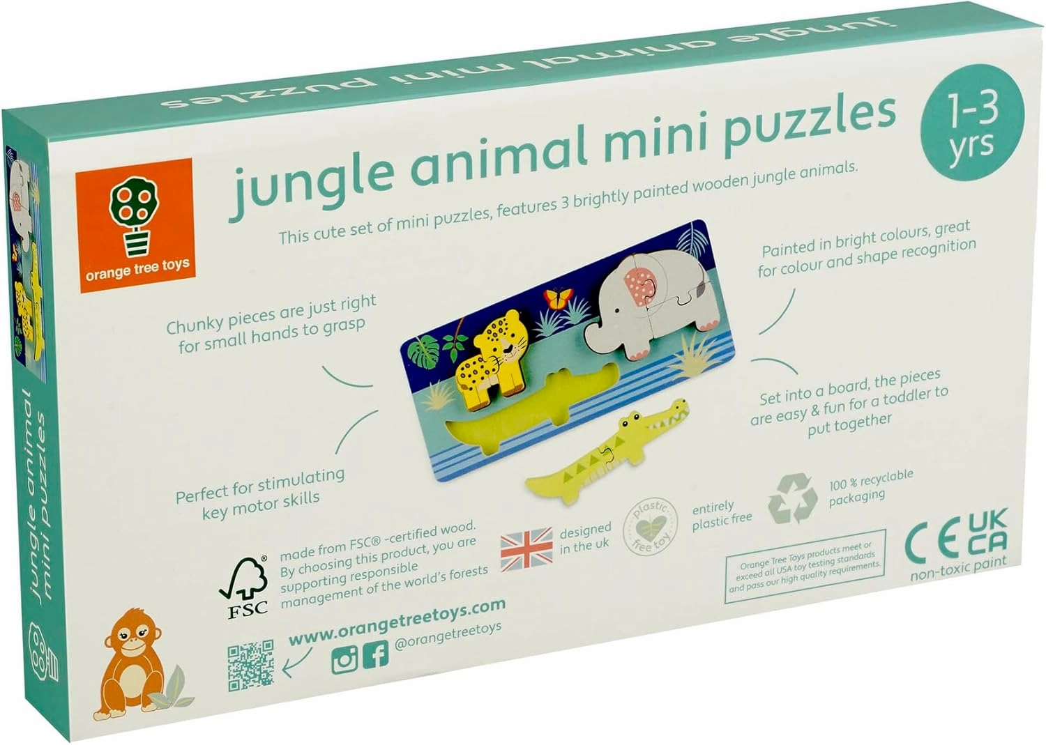Jungle Animals - Mini Puzzles - 8 Wooden Chunky Pieces, Colorful Puzzle Tray, FSC Certified, Educational Toy, Toddlers & Kids Age 1 