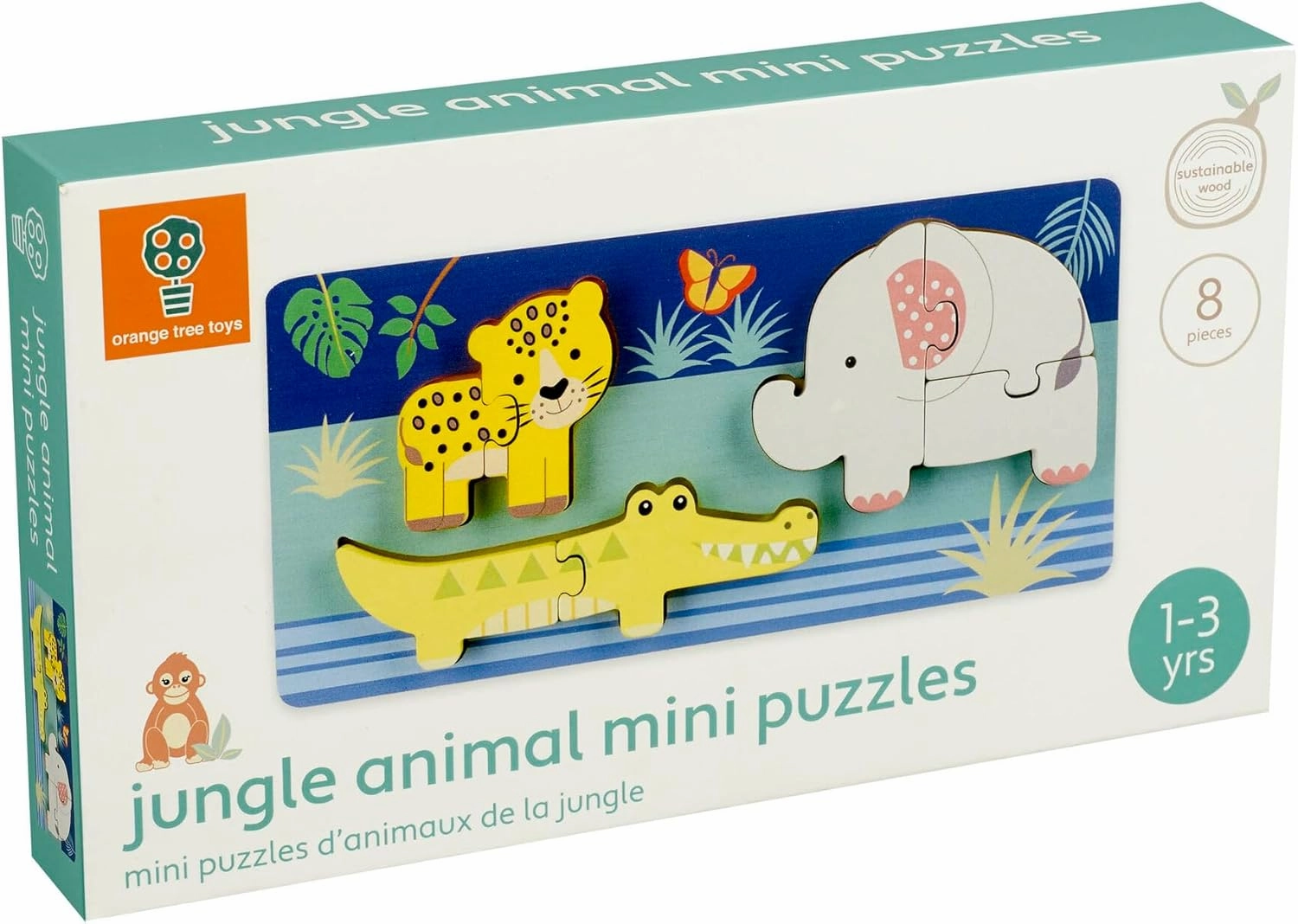 Jungle Animals - Mini Puzzles - 8 Wooden Chunky Pieces, Colorful Puzzle Tray, FSC Certified, Educational Toy, Toddlers & Kids Age 1 