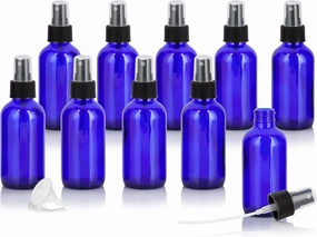 JUVITUS (10 pack) 4 oz Cobalt Blue Glass Boston Round Bottle with Black Fine Mist Spray   Funnel