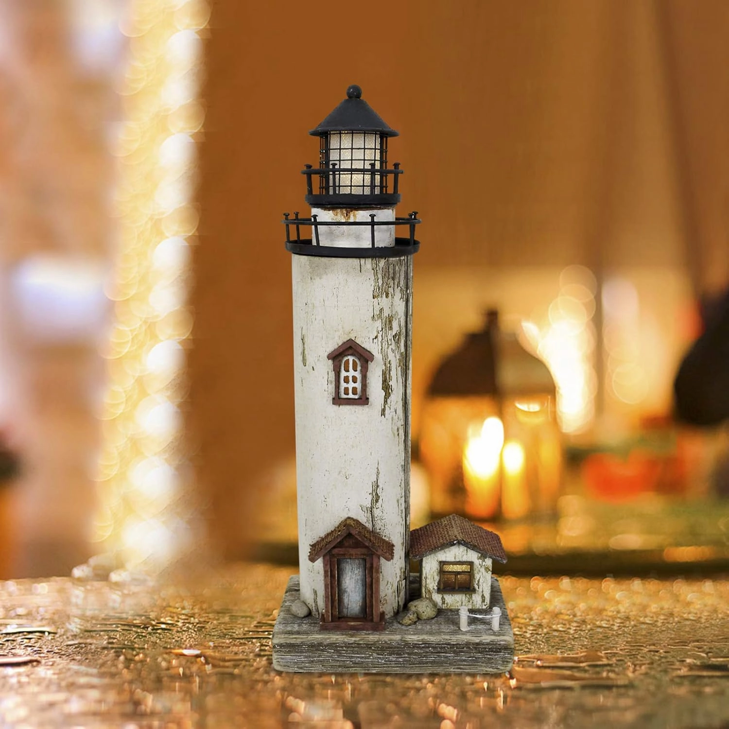K KILIPES Wood Lighthouse with Led Light Nautical Decorations for Home Rustic Lighthouse Table Decoration Night Light for Beach Theme Living Room Kids Room Bathroom Decor