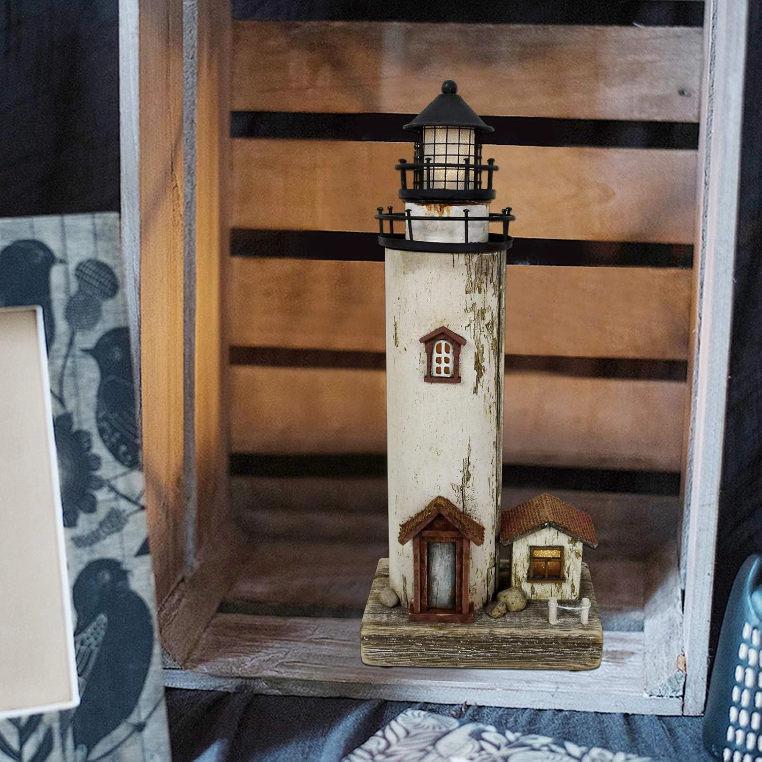 K KILIPES Wood Lighthouse with Led Light Nautical Decorations for Home Rustic Lighthouse Table Decoration Night Light for Beach Theme Living Room Kids Room Bathroom Decor