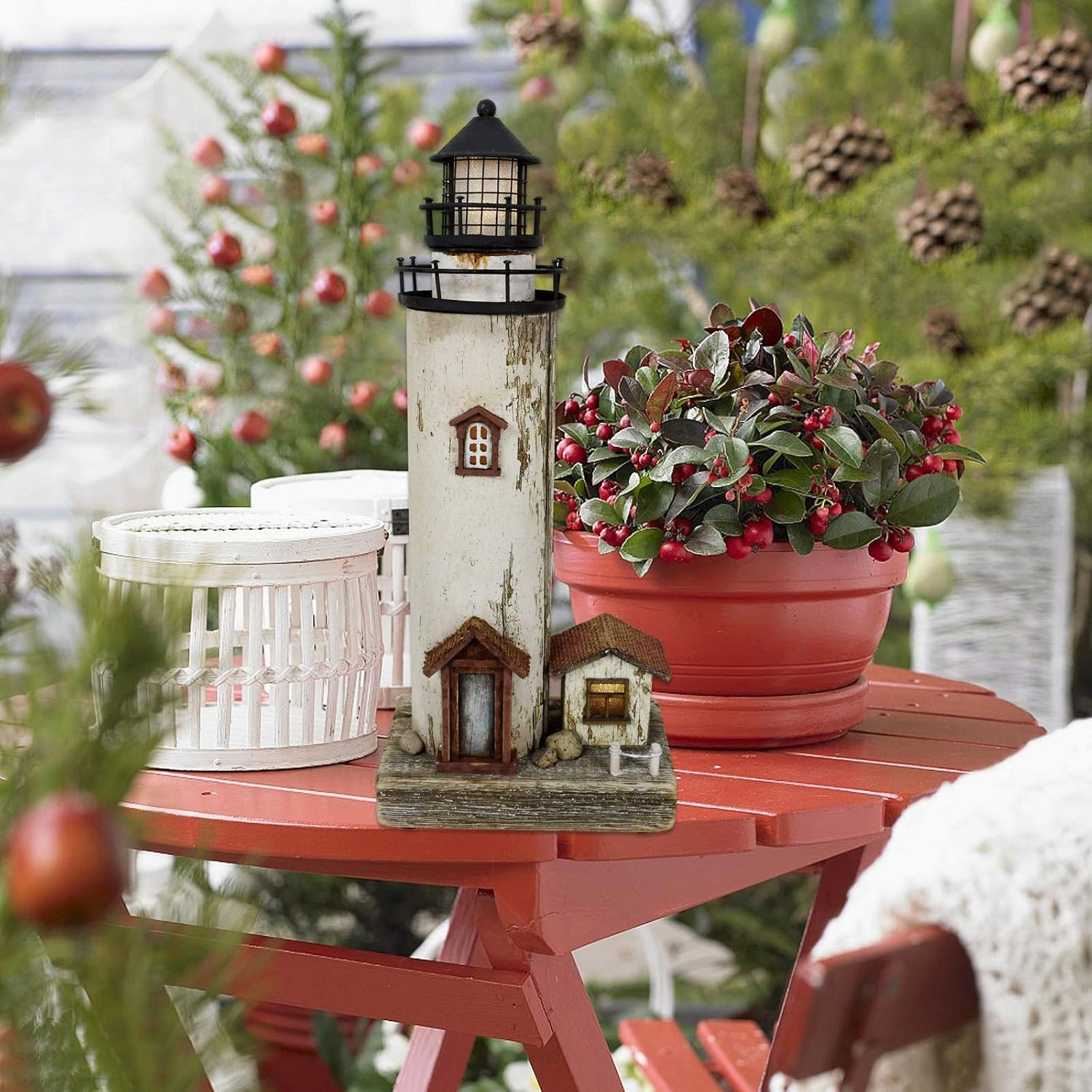 K KILIPES Wood Lighthouse with Led Light Nautical Decorations for Home Rustic Lighthouse Table Decoration Night Light for Beach Theme Living Room Kids Room Bathroom Decor