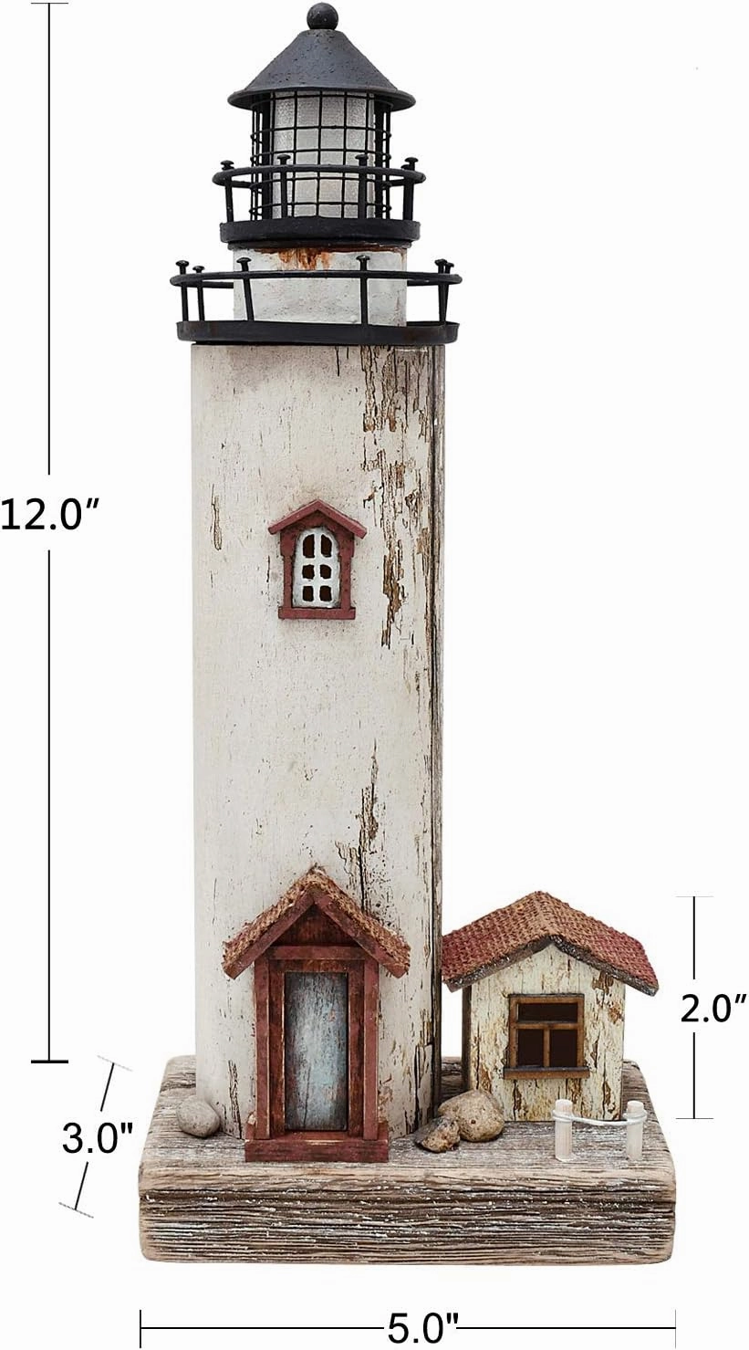 K KILIPES Wood Lighthouse with Led Light Nautical Decorations for Home Rustic Lighthouse Table Decoration Night Light for Beach Theme Living Room Kids Room Bathroom Decor