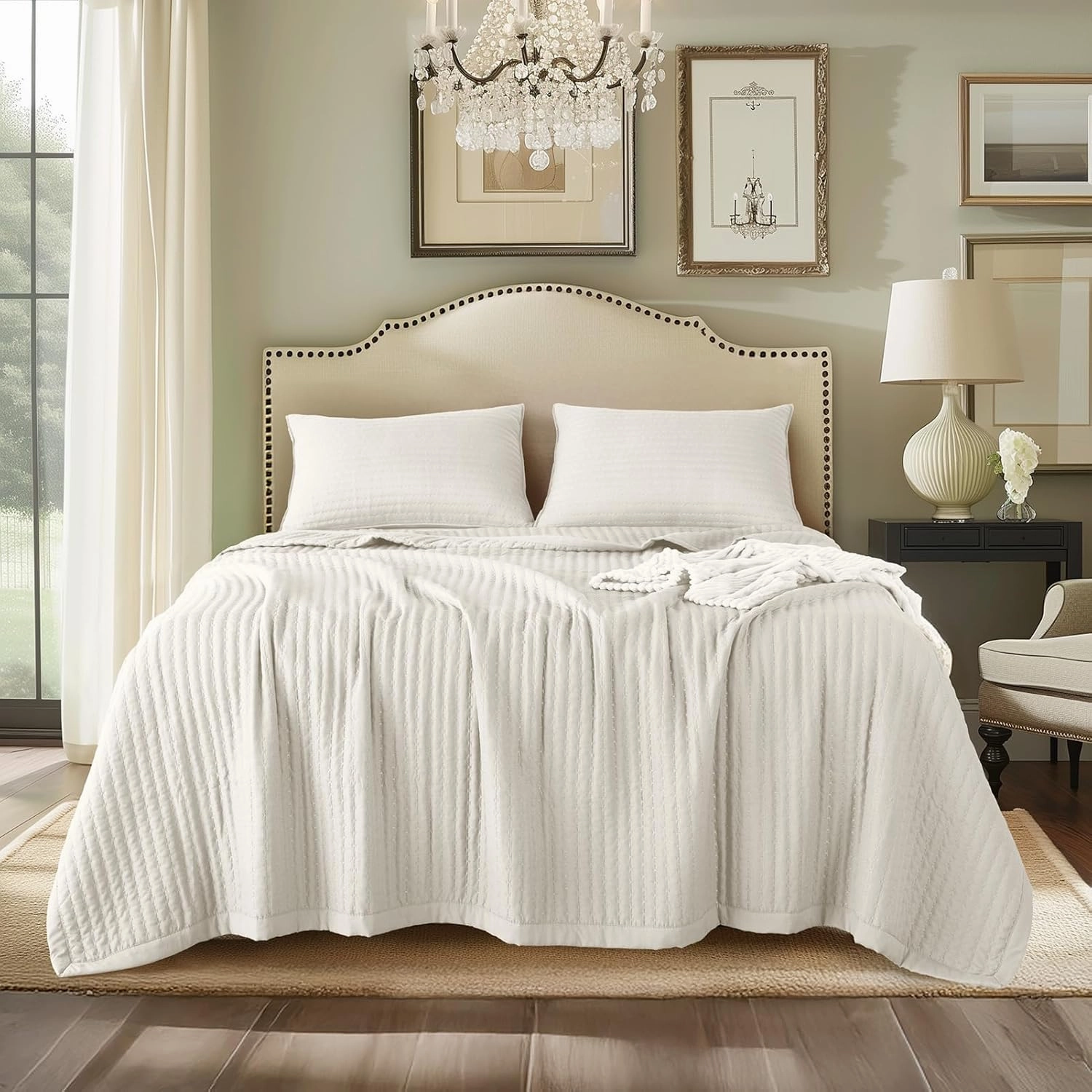 KASENTEX Quilt Mini Set-Stone Washed-Super Soft Bedspread-Light Weight-White Down Alternative Microfiber Fill-Machine Washable-Solid Colors, 2 King Shams, Ivory, King
