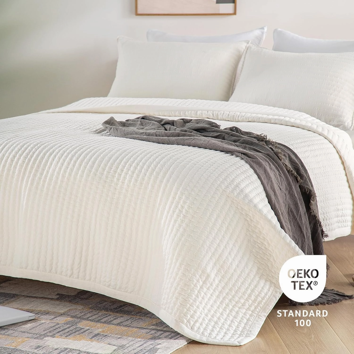 KASENTEX Quilt Mini Set-Stone Washed-Super Soft Bedspread-Light Weight-White Down Alternative Microfiber Fill-Machine Washable-Solid Colors, 2 King Shams, Ivory, King