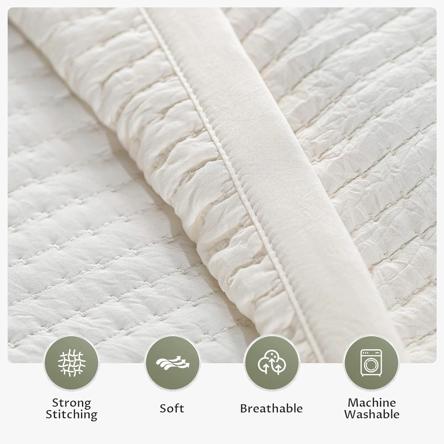 KASENTEX Quilt Mini Set-Stone Washed-Super Soft Bedspread-Light Weight-White Down Alternative Microfiber Fill-Machine Washable-Solid Colors, 2 King Shams, Ivory, King