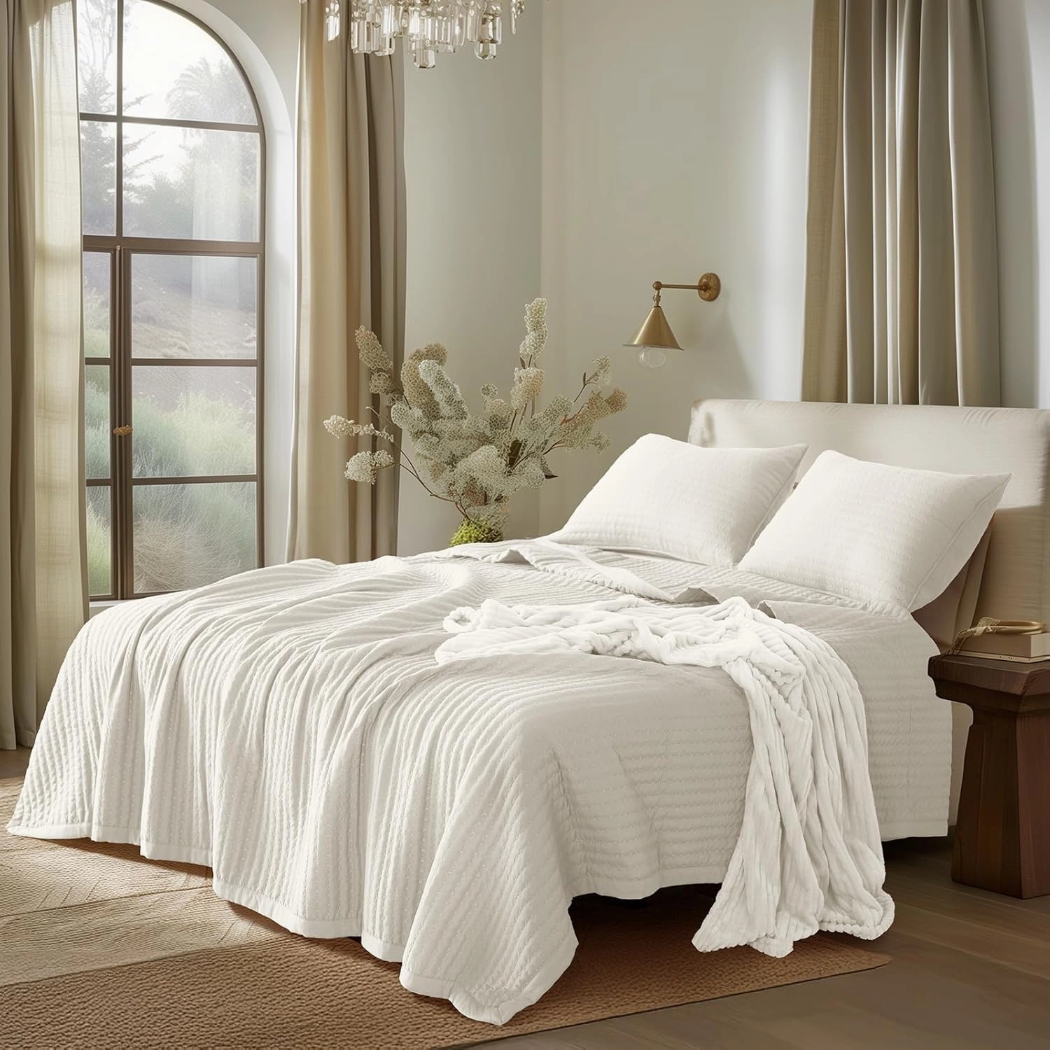 KASENTEX Quilt Mini Set-Stone Washed-Super Soft Bedspread-Light Weight-White Down Alternative Microfiber Fill-Machine Washable-Solid Colors, 2 King Shams, Ivory, King