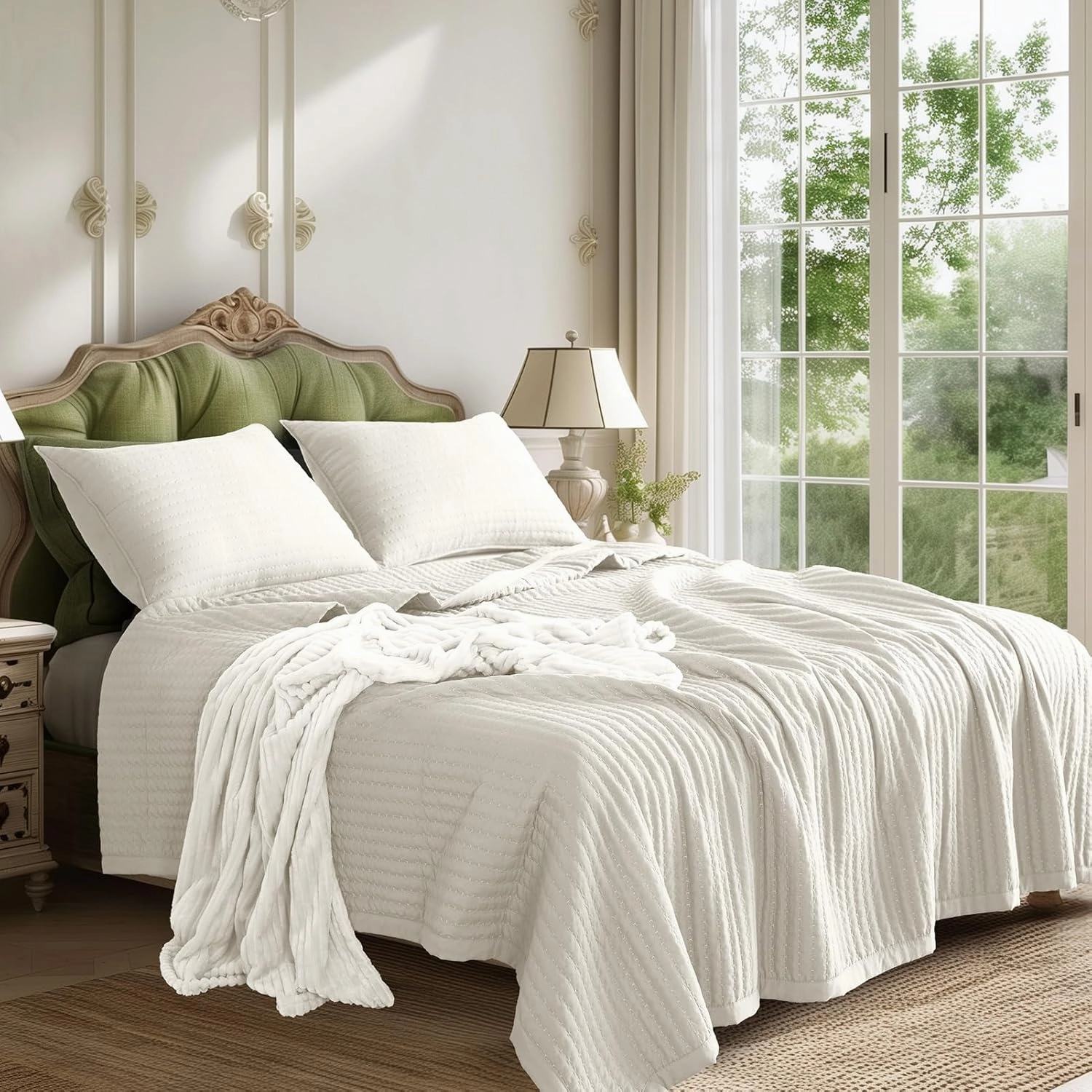 KASENTEX Quilt Mini Set-Stone Washed-Super Soft Bedspread-Light Weight-White Down Alternative Microfiber Fill-Machine Washable-Solid Colors, 2 King Shams, Ivory, King
