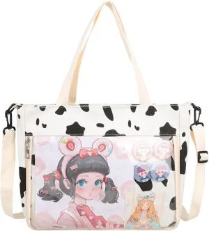 Kawaii Anime Crossbody Shoulder Bag, Back to School Supplies, Japanese Style Cute Casual Transparent Ita Bag with Pins (Cow Print)