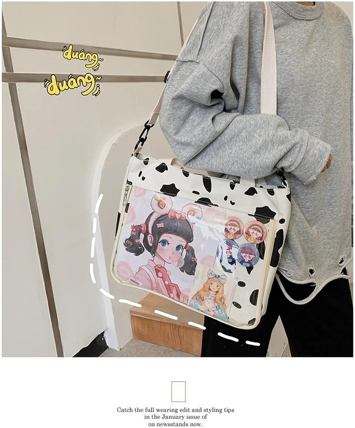 Kawaii Anime Crossbody Shoulder Bag, Back to School Supplies, Japanese Style Cute Casual Transparent Ita Bag with Pins (Cow Print)
