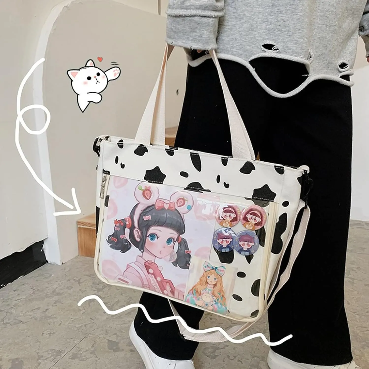 Kawaii Anime Crossbody Shoulder Bag, Back to School Supplies, Japanese Style Cute Casual Transparent Ita Bag with Pins (Cow Print)
