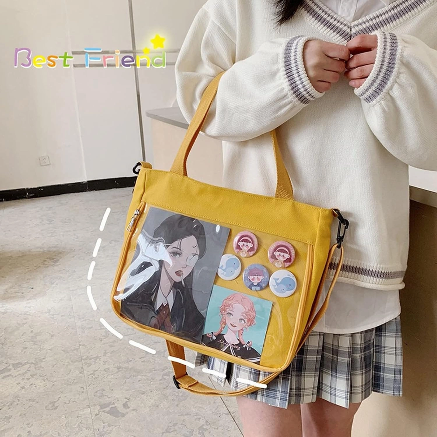 Kawaii Anime Crossbody Shoulder Bag, Back to School Supplies, Japanese Style Cute Casual Transparent Ita Bag with Pins (Yellow)