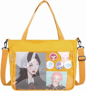 Kawaii Anime Crossbody Shoulder Bag, Back to School Supplies, Japanese Style Cute Casual Transparent Ita Bag with Pins (Yellow)
