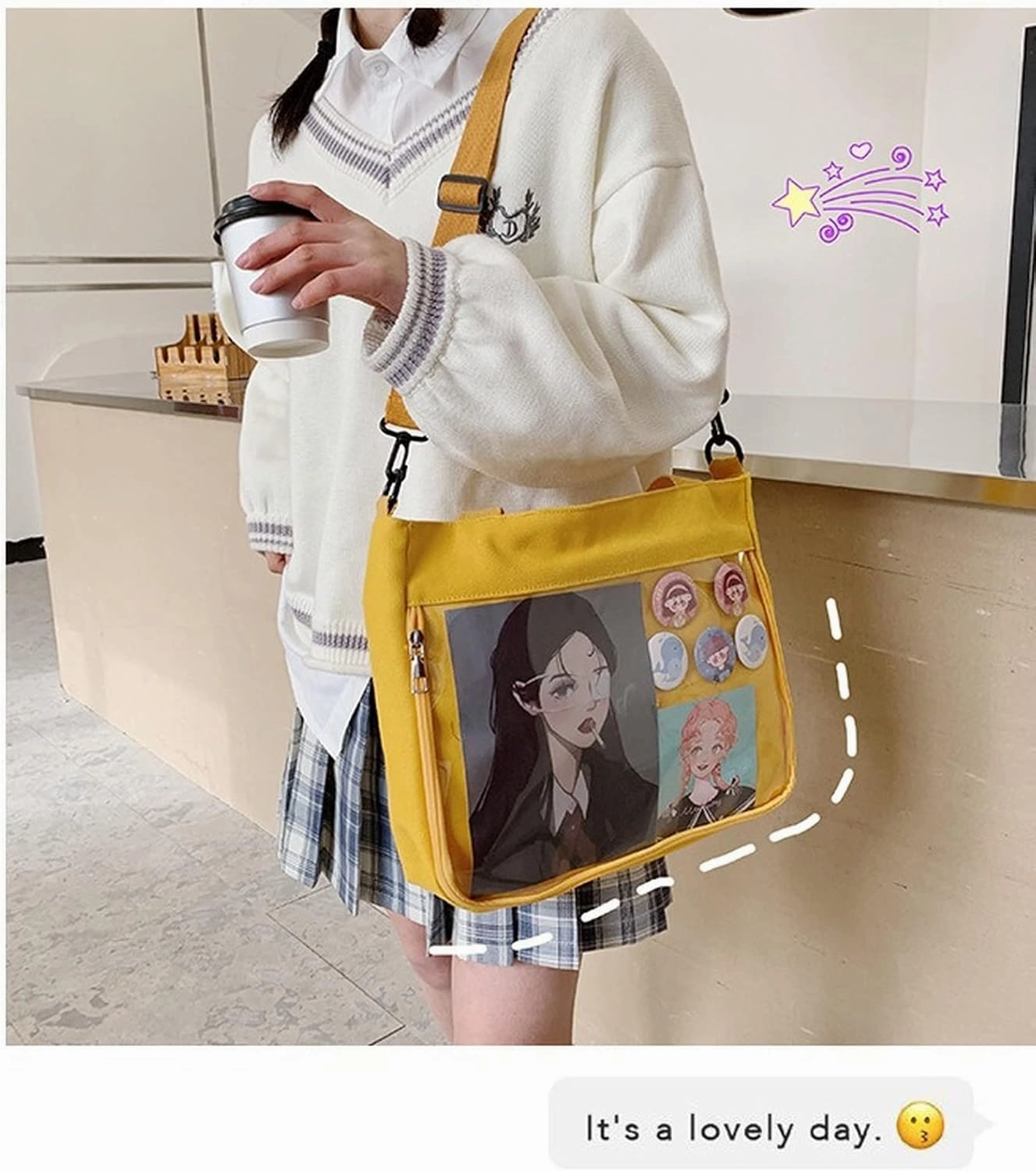 Kawaii Anime Crossbody Shoulder Bag, Back to School Supplies, Japanese Style Cute Casual Transparent Ita Bag with Pins (Yellow)