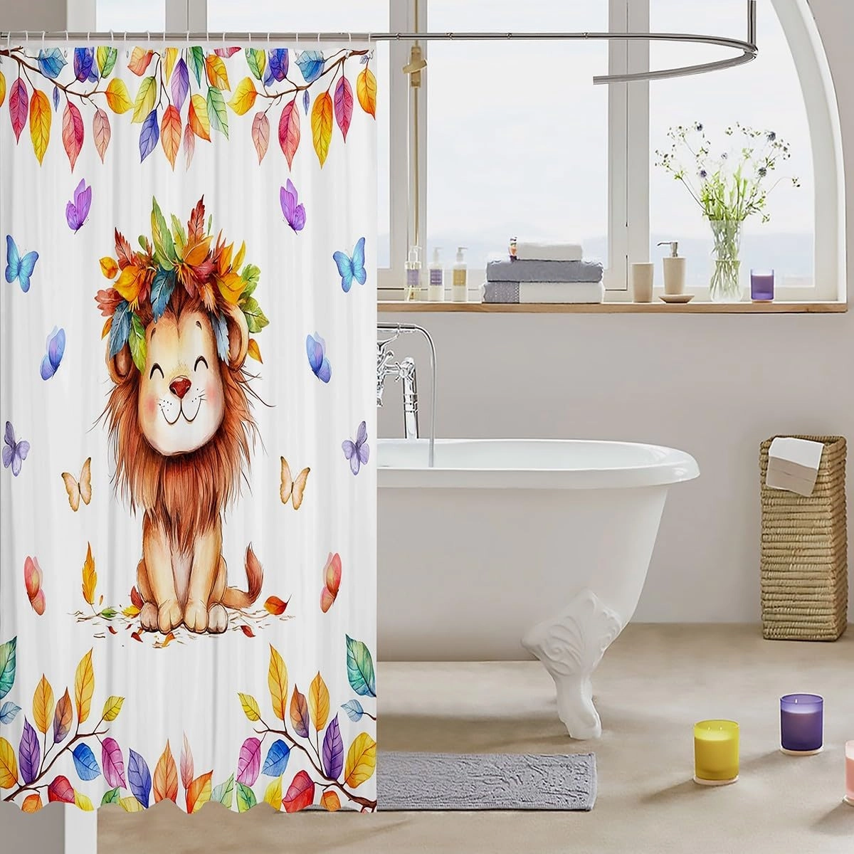 Kawaii Lion Waterproof Bathroom Curtain for Boys Girls Cartoon Animal Bath Curtain, Colorful Butterfly Shower Curtain Rainbow Eucalyptus Leaves Bathroom Curtains, Jungle Wildlife Shower Set